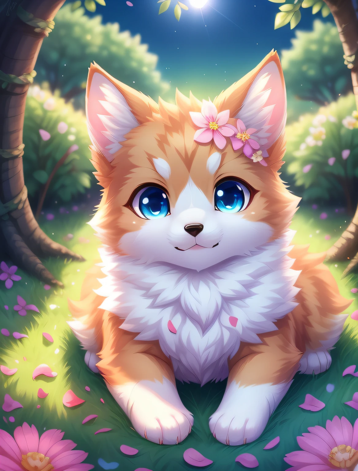 Complex background, Beautiful lighting, deep shadow, Best Quality, Masterpiece, ultra highres, Photorealistic, lots of fine detail, soft colors, voluminous lighting, science-fiction, Contrast:0.5, 独奏:1.4, (main_Kun:1.2), (corgi:0.8), Cute, animal, woods, grass, Willow, flower petals, Ultra fluffy, Kutemaomao