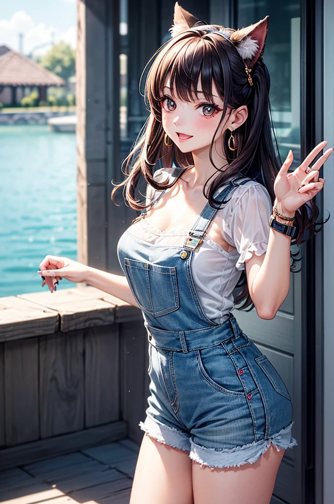 a photo of pho3b3cat3s, beautiful woman, ((24 years old)), street, tshirt, denim overalls, 1980s, retro, long wavy dark hair ponytail, (masterpiece), (extremely detailed CG unity 8k wallpaper), Intricate, ((photorealistic)),nudity