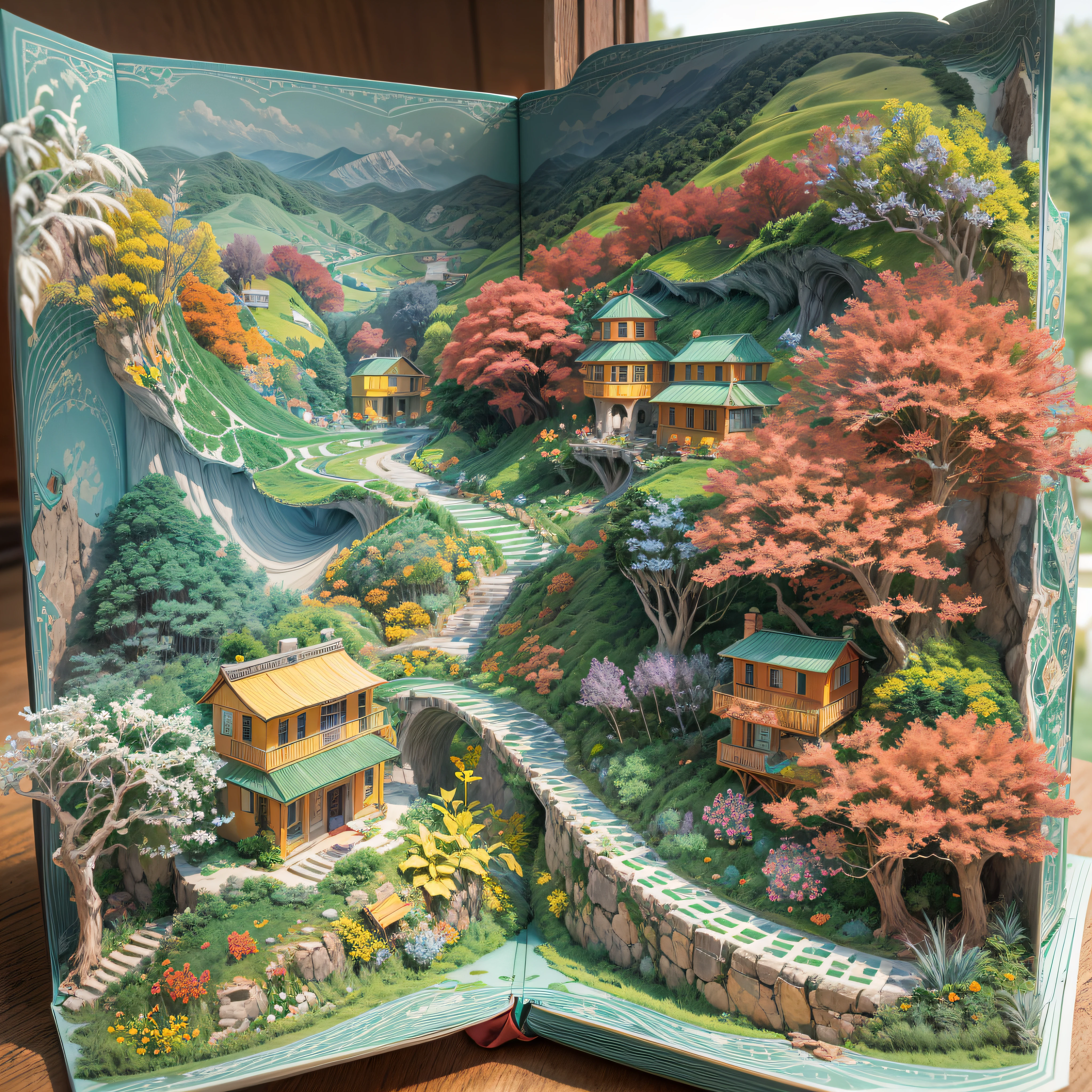 (popup book:1.5),(Paper Cuttings style):(Green terraces,Peach Blossom Forest,Lavender,Red maple),(Hills that are undulating by yellow),(Best quality,4K,8K,A high resolution,Masterpiece:1.2),Ultra-detailed,(Realistic,Photorealistic,photo-realistic:1.37) #Sea Art #Pop-up books #number art #digital drawing #Aylt #Love art