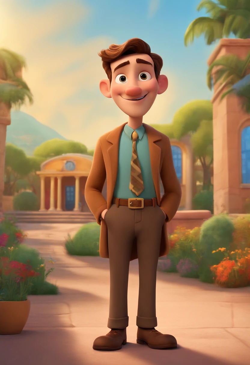 a pixar-style cartoon character, a 30-year-old thin man, with brown and bald hair, a brown goatee ,and a round face inside a school board office in the UP ALTAS AVENTURAS style using no glasses