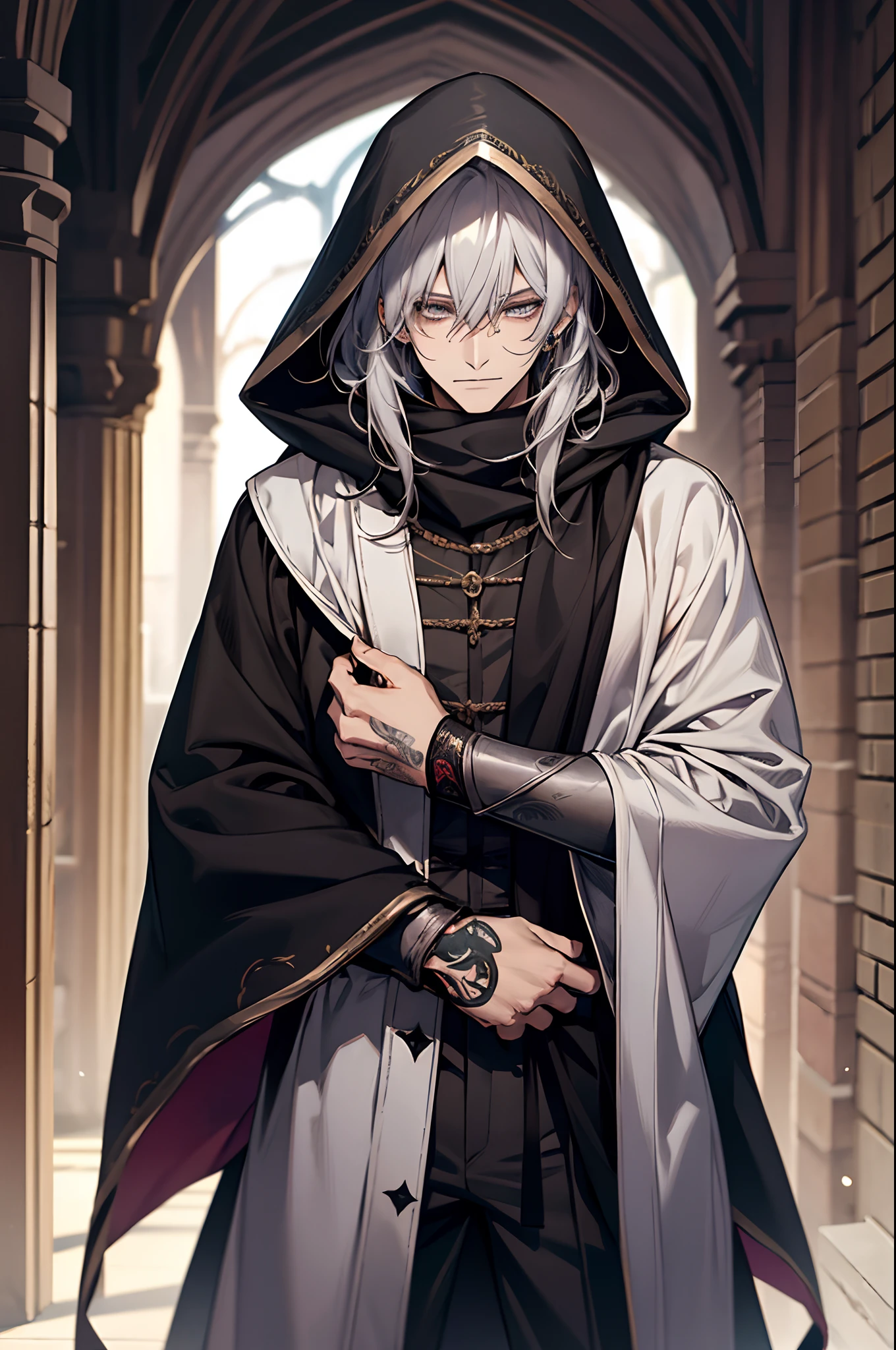 male, adult, black silky hair, grey eyes, beautiful face, handsome, tattoos, court wizard, hooded scarf, robes and trousers, rogue mage, medieval fantasy, embarrassed