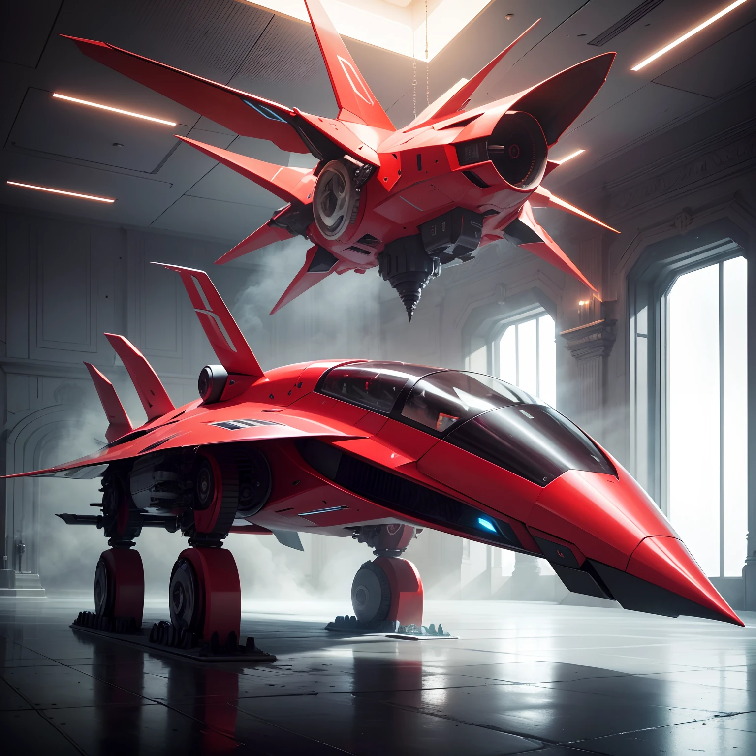 /imagine prompt: futuristic lamborghini prototype supersonic with turbines cammera 200m, crimson colors, alex timmermans, aerial photography, full body shot, fantastic realism, robotic, hyper realism, cinematic lighting, soft lighting, futuristic interior design, robot