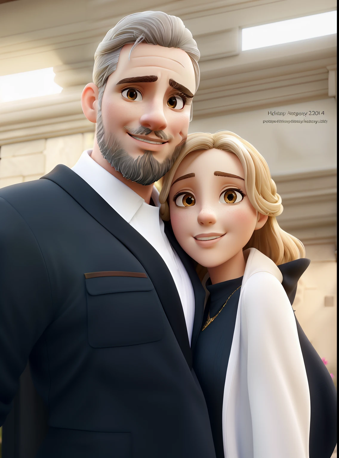 (best quality,4k,8k,highres,masterpiece:1.2),ultra-detailed,(realistic,photorealistic,photo-realistic:1.37),beautiful and passionate couple,smooth gray hair flowing,clear brown eyes,She with medium blonde hair,cascading light brown eyes and hair,In front of a Masonic temple,illustration,romantic atmosphere,paved path,lush green garden,ornate gate,towering pillars,marble facade,symbolic engravings,beautifully carved statues,soft sunlight,shimmering golden light,dappled shadows,colorful flowers,blossoming trees,peaceful ambiance,vibrant colors,graceful poses,gentle touch,loving gaze,lively expressions,timeless love story,tender and affectionate,ethereal beauty,majestic architecture,serenity in their eyes,self-assured and confident,sense of mystery,straight-backed posture,Templar symbols,quiet elegance,harmony and balance,meaningful gestures,poignant connection,enigmatic smiles,vividly realistic details,allure and charm,enchanted atmosphere.