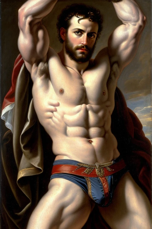 oil painting, style of Peter Paul Rubens, a Male gladiator, chest, abs, slim waist, , ((Briefs, big bulge)), renaissance style, perfect composition, canvas texture,