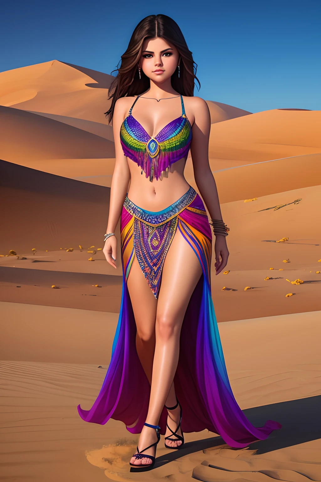 create (Selena Gomez) in Full body photography of the most beautiful artwork in the world, a beautiful woman in intricate costume burning in the desert, rainbow colors, ArtStation, CGSociety, complex, high detail, clear focus, dramatic, realistic pictorial art trends Greg Rutkovsky