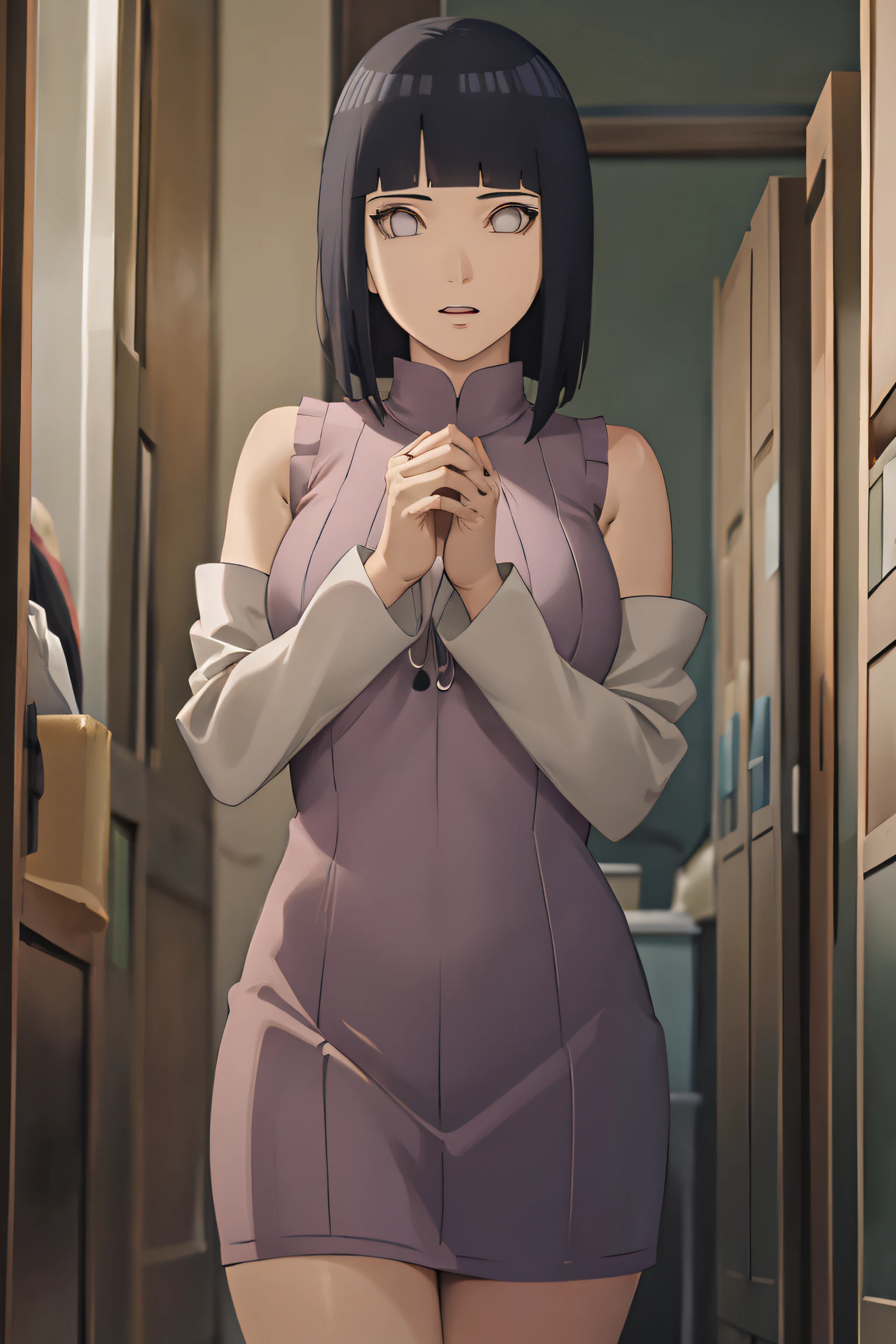 hinata\(boruto\), 1girl, solo,mature female,
BREAK wearing dress, purple dress, ribbed dress, detached sleeves, sleeveless,
BREAK looking at viewer, full body, (cowboy shot:1.5), standing,
BREAK indoors, library,
BREAK (masterpiece:1.2), best quality, high resolution, unity 8k wallpaper,NSFW ,(illustration:0.8), extremely detailed face, perfect lighting, extremely detailed CG, (perfect hands, perfect anatomy),