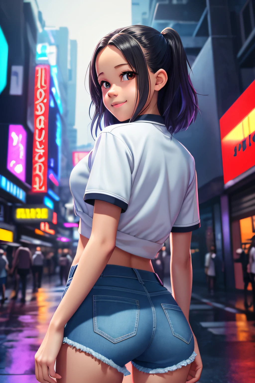 masterpiece, best quality, half body, portrait, night city, 1girl, ((Jenna Ortega)), anime, 3D, pixar, realistic, teen girl, smiling, cute face, harajuku fashion style, rain coat, mini top, sexy top, very small top, jeans short, mini short, thigh clothes, beautiful, colourful, neon lights, cyberpunk, smooth skin, illustration, artstation, painting by stanley artgerm lau, sideways glance, foreshortening, extremely detailed 8K, smooth, high resolution, ultra quality, highly detail eyes, highly detail mouth, highly detailed face, perfect eyes, both eyes are the same, true light, glare, Iridescent, Global illumination, real hair movement, real light, real shadow, real face, hd, 2k, 4k, 8k, 16k, realistic light, realistic shadow, bright Eyes, fluorescent eyes, soft light, dream light, ass-cameltoe, full body view, captured from behind