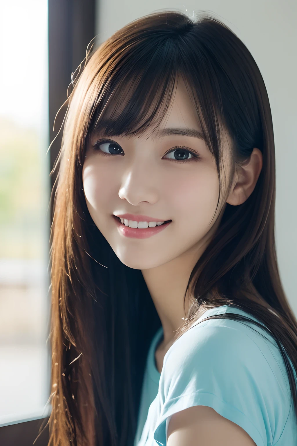 1girl in, (Wearing a light blue T-shirt:1.2), (15 years old:1.5), Young Face, Cute face, 
(Raw photo, Best Quality), (Realistic, Photorealsitic:1.4), masutepiece, foco nítido, 
Extremely delicate and beautiful, Extremely detailed, 2k wallpaper, amazing, finely detail, 
the Extremely Detailed CG Unity 8K Wallpapers, Ultra-detailed, hight resolution, Soft light, 
Beautiful detailed girl, extremely detailed eye and face, beautiful detailed nose, Beautiful detailed eyes, 
break
In a bright living room with white walls, Cinematic lighting, 
Perfect Anatomy, Slender body, Straight long hair, Parted bangs, innocent smiles, Looking at Viewer