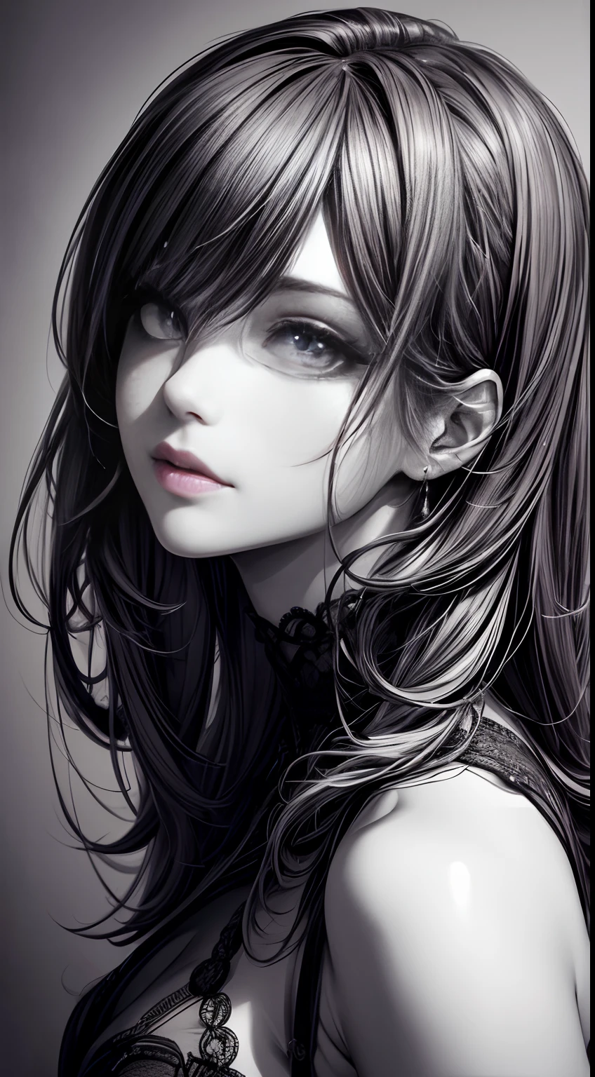 (best quality,highres,masterpiece:1.2),detailed portrait sketch of a girl,beautiful detailed eyes,beautiful detailed lips,ultra-fine pencil strokes,realistic shading and highlights,soft and smooth texture,subtle expression,slightly tilted head,graceful posture,emphasized facial features,flowing and wavy hair,delicate and intricate details on the clothing,pencil strokes gradually fading in and out,black and white sketch with intense contrast and depth,vivid depiction of light and shadow,stunning realism,artsy glamour and elegance.