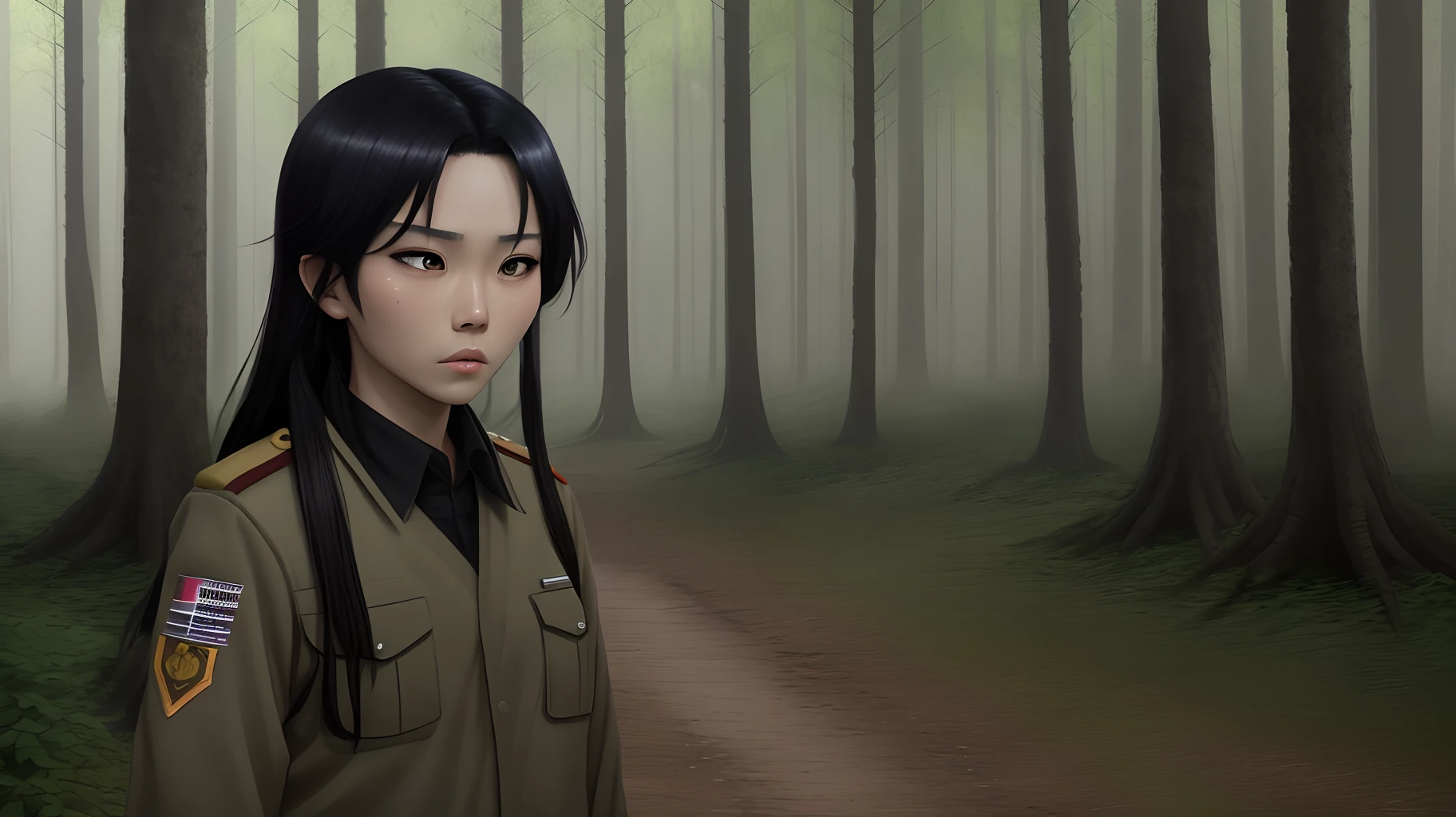 please create an Attack on Titan screencap of a beautiful Asian female with long straight black hair and narrow black eyes wearing the scout uniform, he looks calm, background of a forest, MAPPA studios, season 4