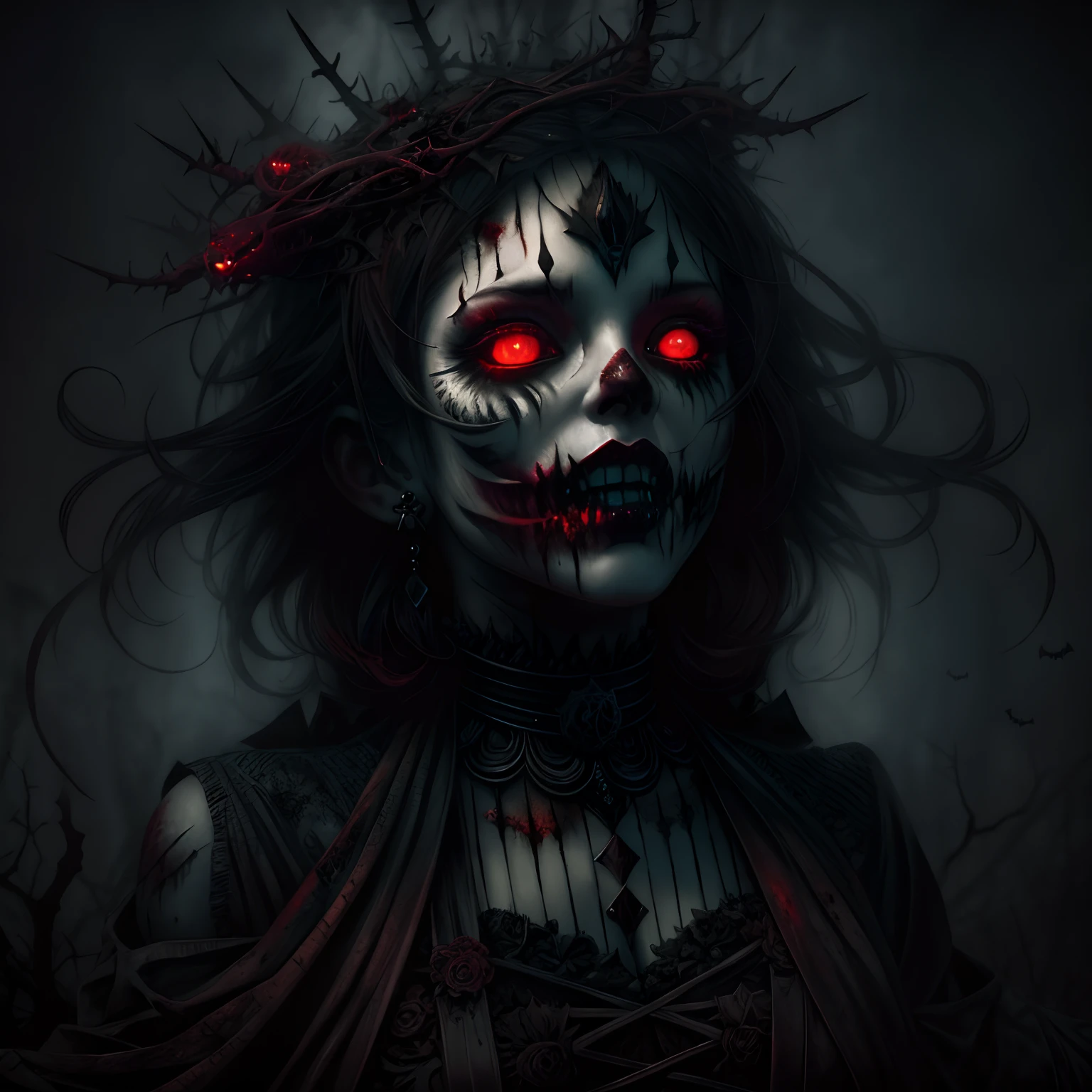 Dead bride, Horrifying dark art, portrait full face painting of a rotting, creepy, scary zombie, ultra realistic, concept art, intricate details, eerie, highly detailed, photorealistic, octane render, 8 k, unreal engine. art by artgerm and greg rutkowski and alphonse mucha, filipe pagliuso and justin gerard, fantasy, highly detailed, realistic, intricate, glowing eyes, the void, terrifying darkness, absolute nothingness, by keith thompson and neil blevins, digital horror artwork, 8k zombie halloween theme