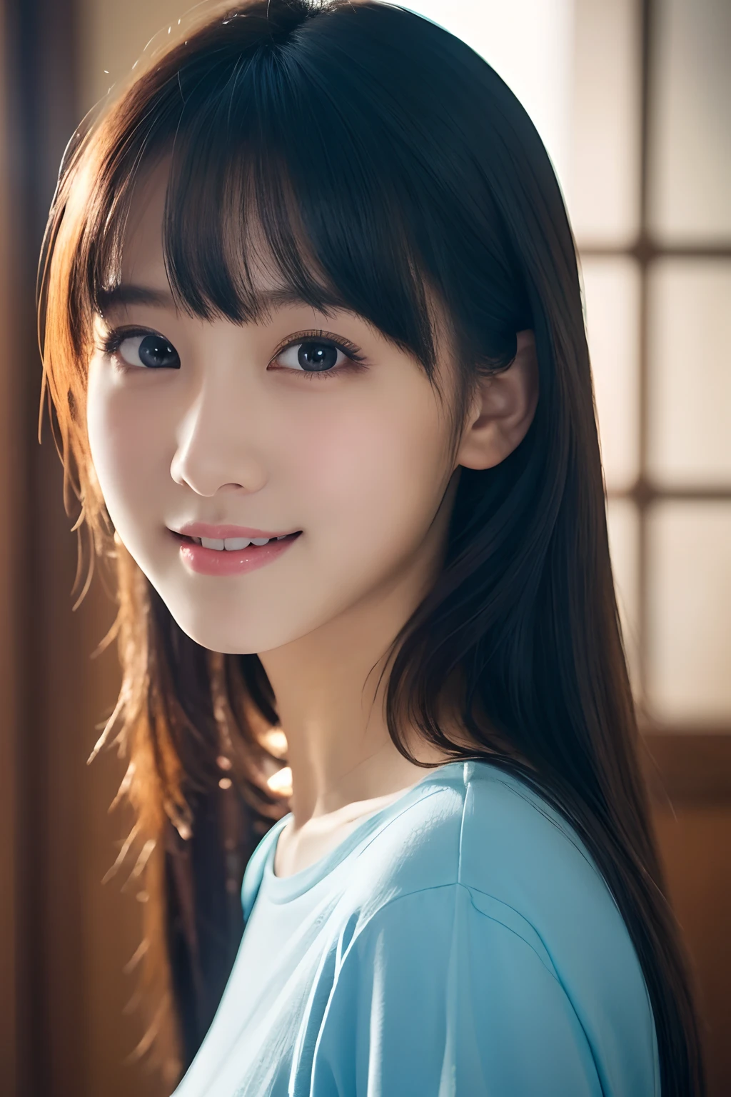 1girl in, (Wearing a light blue T-shirt:1.2), (15 years old:1.5), Young Face, Cute face, 
(Raw photo, Best Quality), (Realistic, Photorealsitic:1.4), masutepiece, foco nítido, 
Extremely delicate and beautiful, Extremely detailed, 2k wallpaper, amazing, finely detail, 
the Extremely Detailed CG Unity 8K Wallpapers, Ultra-detailed, hight resolution, Soft light, 
Beautiful detailed girl, extremely detailed eye and face, beautiful detailed nose, Beautiful detailed eyes, 
break
In the bright living room, Cinematic lighting, 
Perfect Anatomy, Slender body, Straight long hair, Parted bangs, innocent smiles, Looking at Viewer