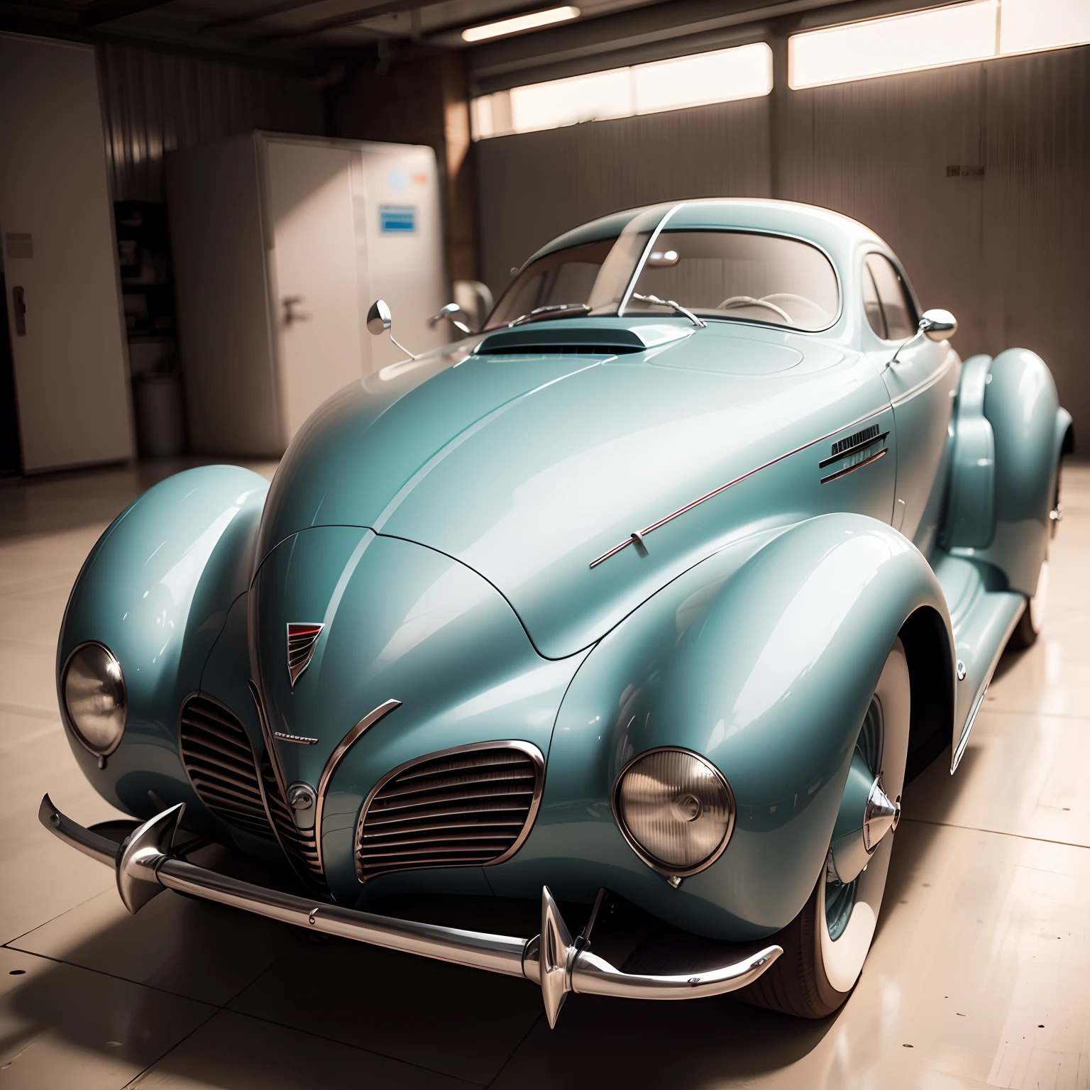 Aerodynamic futuristic concept car, retro 1940s style, cammera 200m