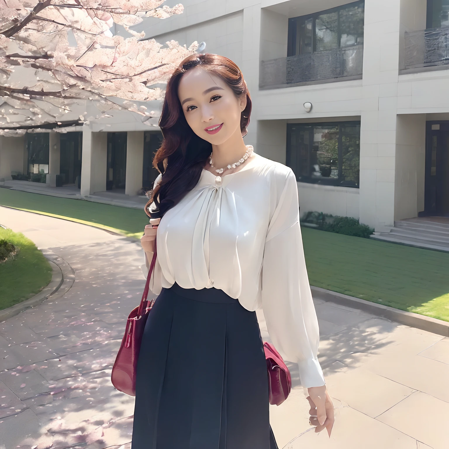 (((masutepiece、top-quality、Top image quality、in 8K、Award-Winning Works、a high chroma、Vivid、Bright and saturated、Very glamorous and refreshing atmosphere)))、(1人の女性,japanese beautiful woman,40 years、1 female、Old face、A MILF、Wrinkles on the face、Biggest smile、Ceremony Suit、jaket、Onepiece、Classy blouse、Wrinkles at the corners of the eyes、nasolabial folds)、(Navy Suit Jacket、Formal blouse、tight skirts、Navy jacket and tight skirt、Midi length skirt、Skirt without folds、Ceremony Suit)、(((Classy plain tote bag1、I have one quality plain tote bag、Perfect Pearl Necklace、Classy brooch、Classy corsage、Luxurious brooches、kanzashi、pearls necklace、She wears a large corsage on her chest、Extravagant corsage)))、((((The background is a rectangular school building with four floors、Walking on the way to school、The path to school、Walk towards school、Modern School、4-storey square building、Modern School、Square roof、Rectangular School、Reinforced Concrete Square School、Four Corners Glaze、Clean square window glass、Four Corners Glaze、Four-story New School、Beautiful school、Realistic school building with 4 floors、Perfectly recreated four-storey school building、Four-story school building、Lots of square windows))))、(((Cherry blossom petals flutter、blue-sky、Clear blue sky、Beautiful blue sky、She's walking、A lot of cherry blossom petals are falling to the ground、A lot of cherry blossom petals are dancing、waved hair、Beautiful wavy hair、Hair swaying in the wind、gentle wind、Hair swaying in the wind、Cherry blossom petals、Sunshine、Cherry blossom trees in full bloom、cherry blossom in full bloom、Lots of cherry trees、Perfect makeup, Looking at the camera,The most beautiful faces in Japan、Big smile、The happiest smile、Biggest smile、A detailed face、Staring at this、Take a photo above from your lap、Elegant Hair、Slimed、large full breasts、Emphasize the bulge of the chest、super-fine、Formal hairstyle、Abundant hairline hair、Detailed and complex background、Perfect Anatomy)))