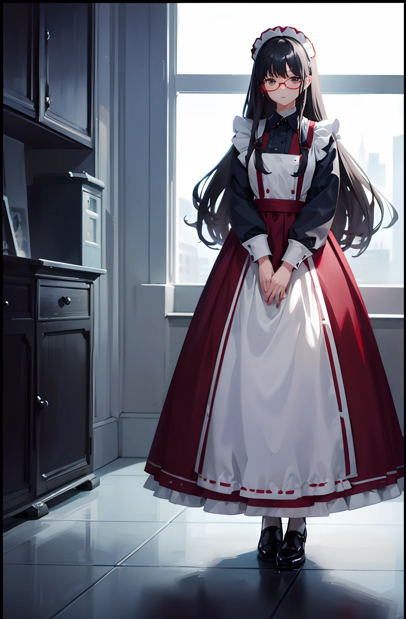 1woman, long navy hair, silver eyes, red glasses, maid dress, standing on ground, high res, ultra sharp, 8K, masterpiece
