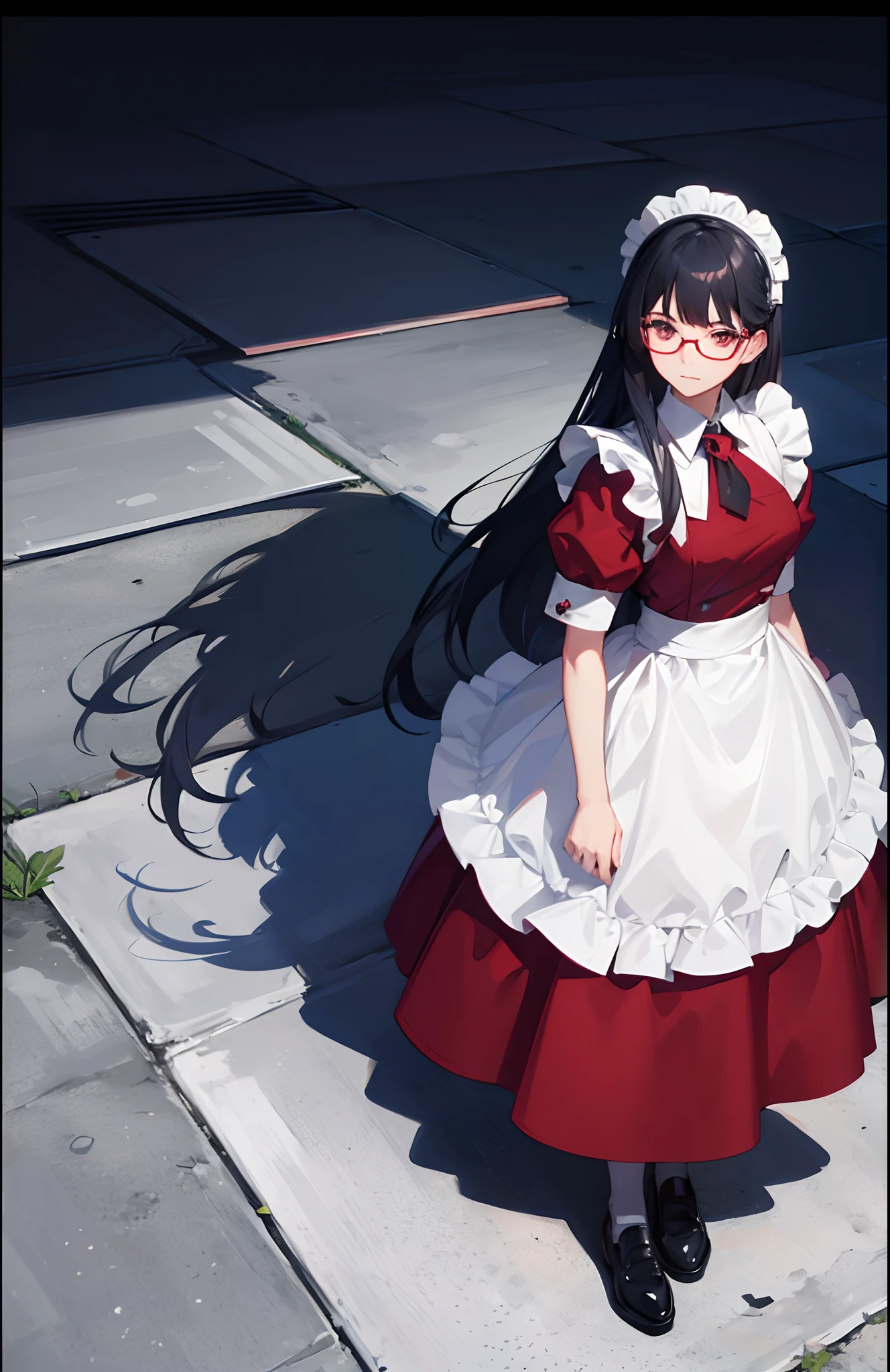 1woman, long navy hair, silver eyes, red glasses, maid dress, standing on ground, high res, ultra sharp, 8K, masterpiece