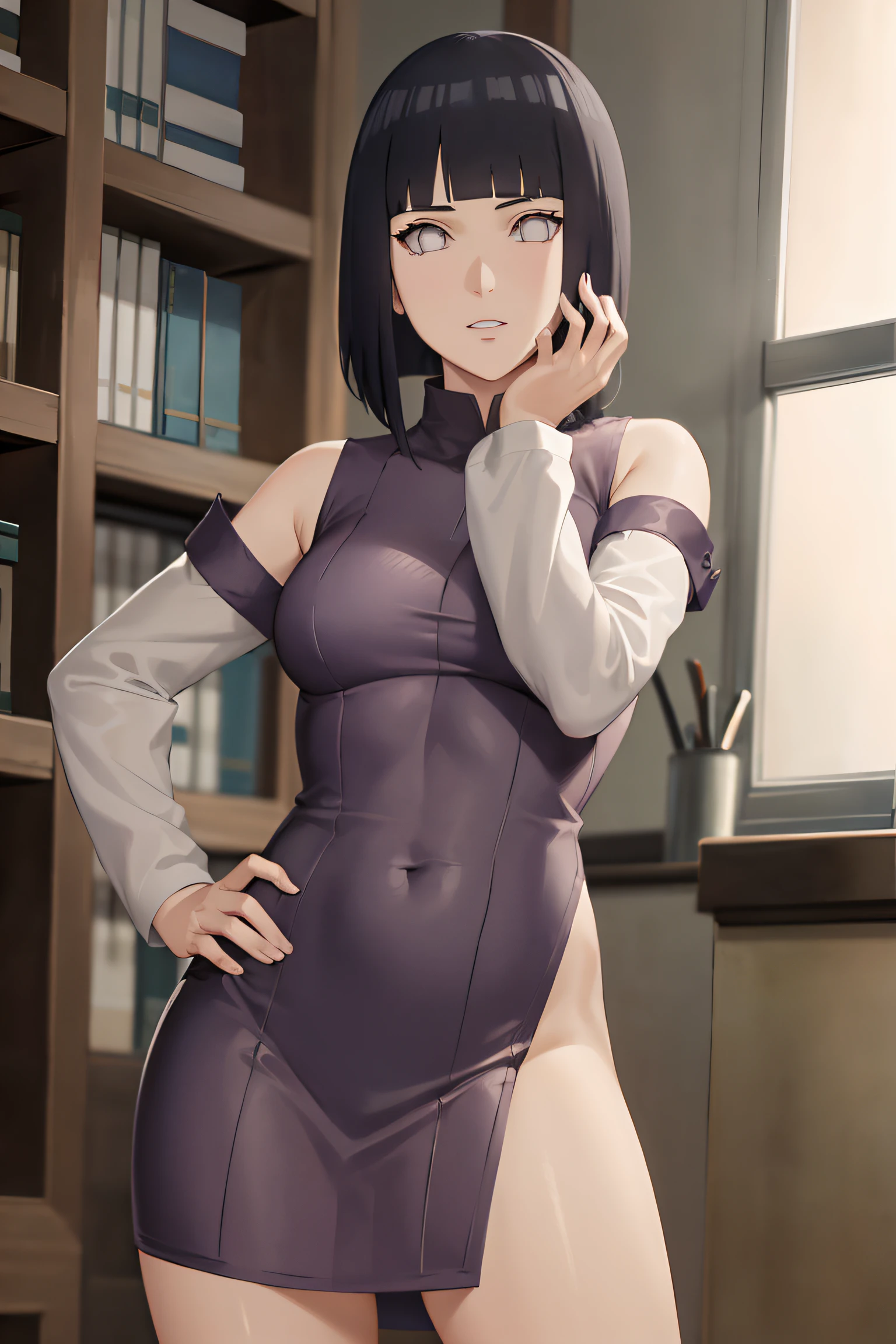 hinata\(boruto\), 1girl, solo,mature female,
BREAK wearing dress, purple dress, ribbed dress, detached sleeves, sleeveless,
BREAK looking at viewer, full body, (cowboy shot:1.5), standing,pose, hand on hip,
BREAK indoors, library,
BREAK (masterpiece:1.2), best quality, high resolution, unity 8k wallpaper,NSFW ,(illustration:0.8), extremely detailed face, perfect lighting, extremely detailed CG, (perfect hands, perfect anatomy),