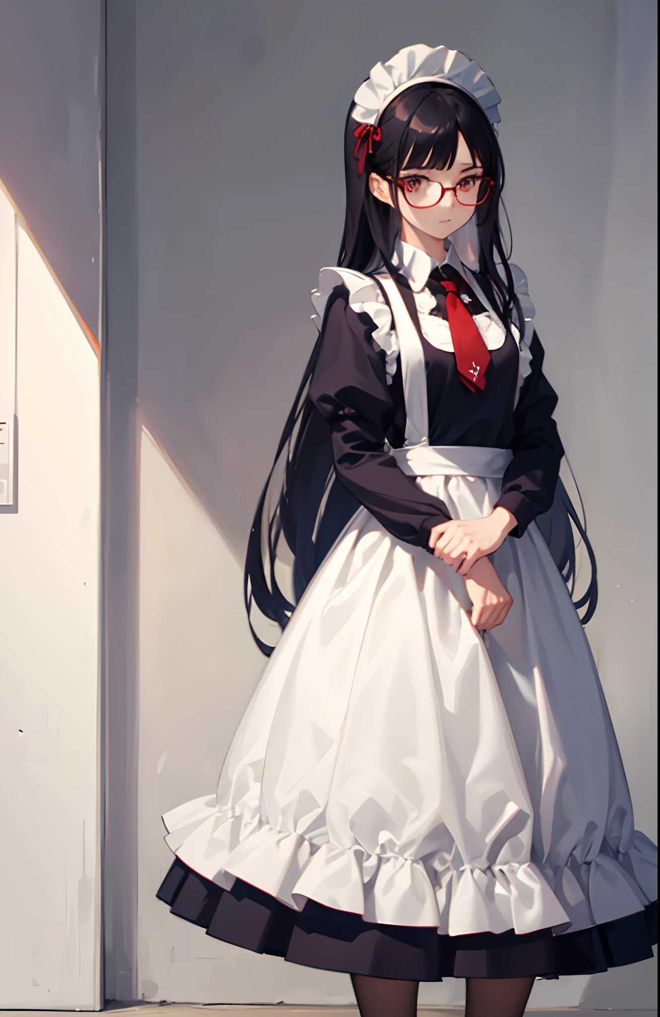1woman, long navy hair, silver eyes, red glasses, maid dress, standing on ground, high res, ultra sharp, 8K, masterpiece