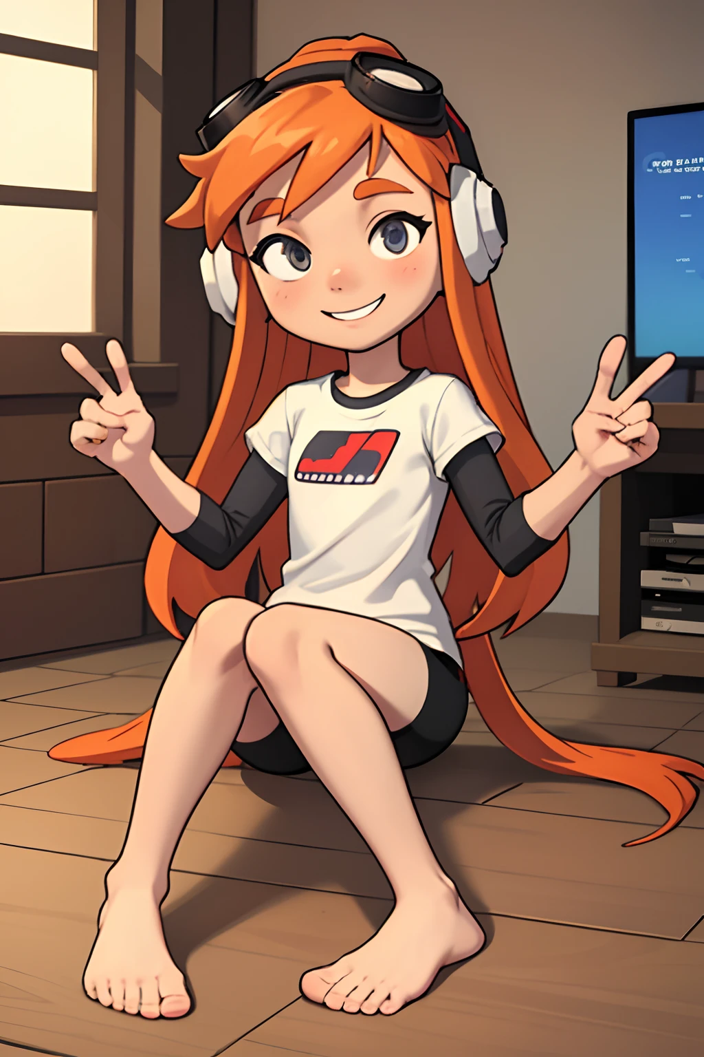 masterpiece, best quality, meggy, headphones, goggles on head, white shirt, layered sleeves, spandex shorts, barefoot, no shoes, perfect feet, full body, smile, sitting in living room with video game controller