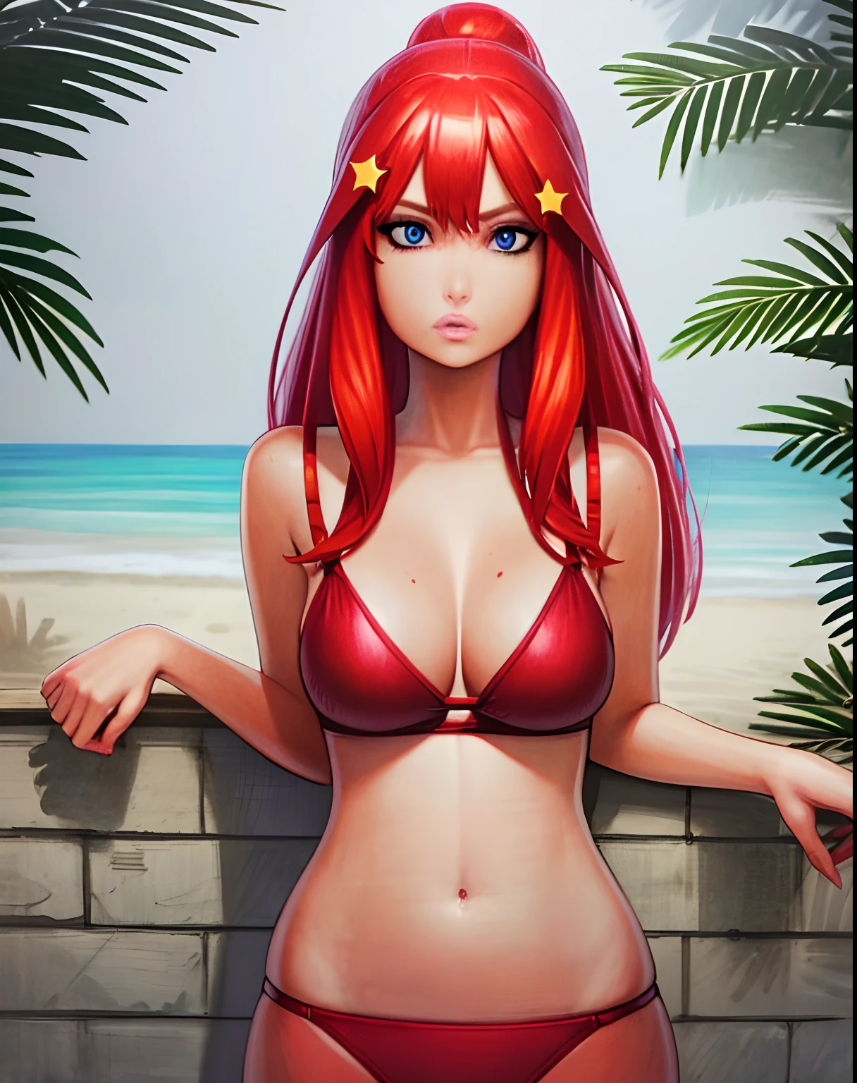 masterpiece, best quality,(best shadow),1girl,looking at viewer,expressive eyes, marker \(medium\), traditional media  red hair, blue eyes, star hair ornament, red bikini, beach