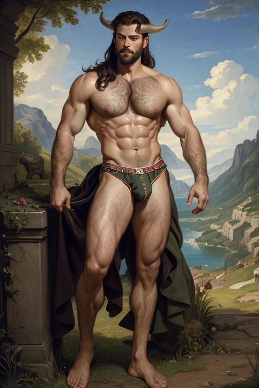 oil painting, full body, style of Peter Paul Rubens, a Male satyr gladiator, chest, abs, slim waist, hairy , ((Briefs, big bulge)), renaissance style, perfect composition, canvas texture, landscape background
