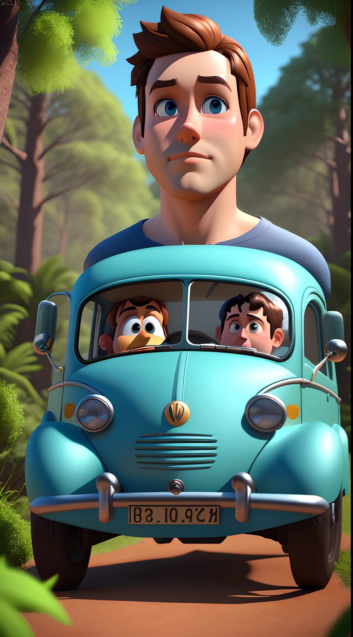 Poster 3d estilo pixar Disney garoto com barba olhos castanhos cabelo castanho curto paisagem floresta carros no fundo e um fusca azul