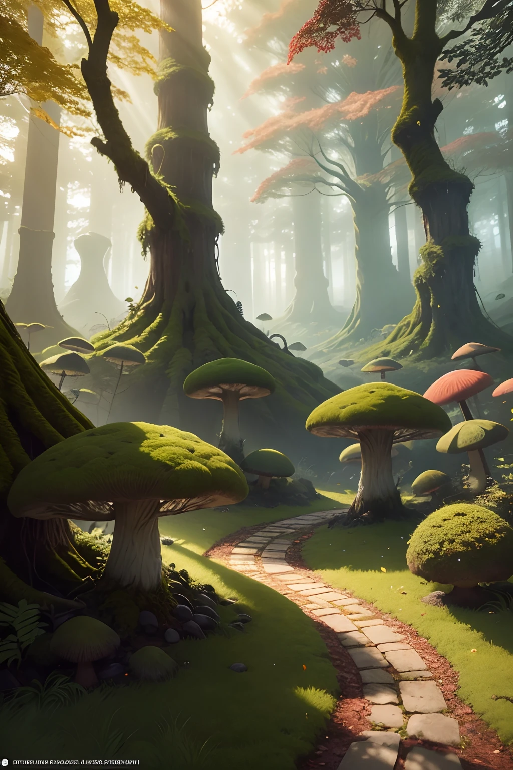 A highly detailed deep tranquil mossy forest, The trees are covered in moss, autumn coloured leaves, a sunrise casts shadows across the ground, Psychedelic, Isometric Mushroom, artstation, contour, hyperdetailed intricately detailed , Vibrant Colors, unreal engine, fantastical, intricate detail, splash screen, complementary colors, fantasy concept