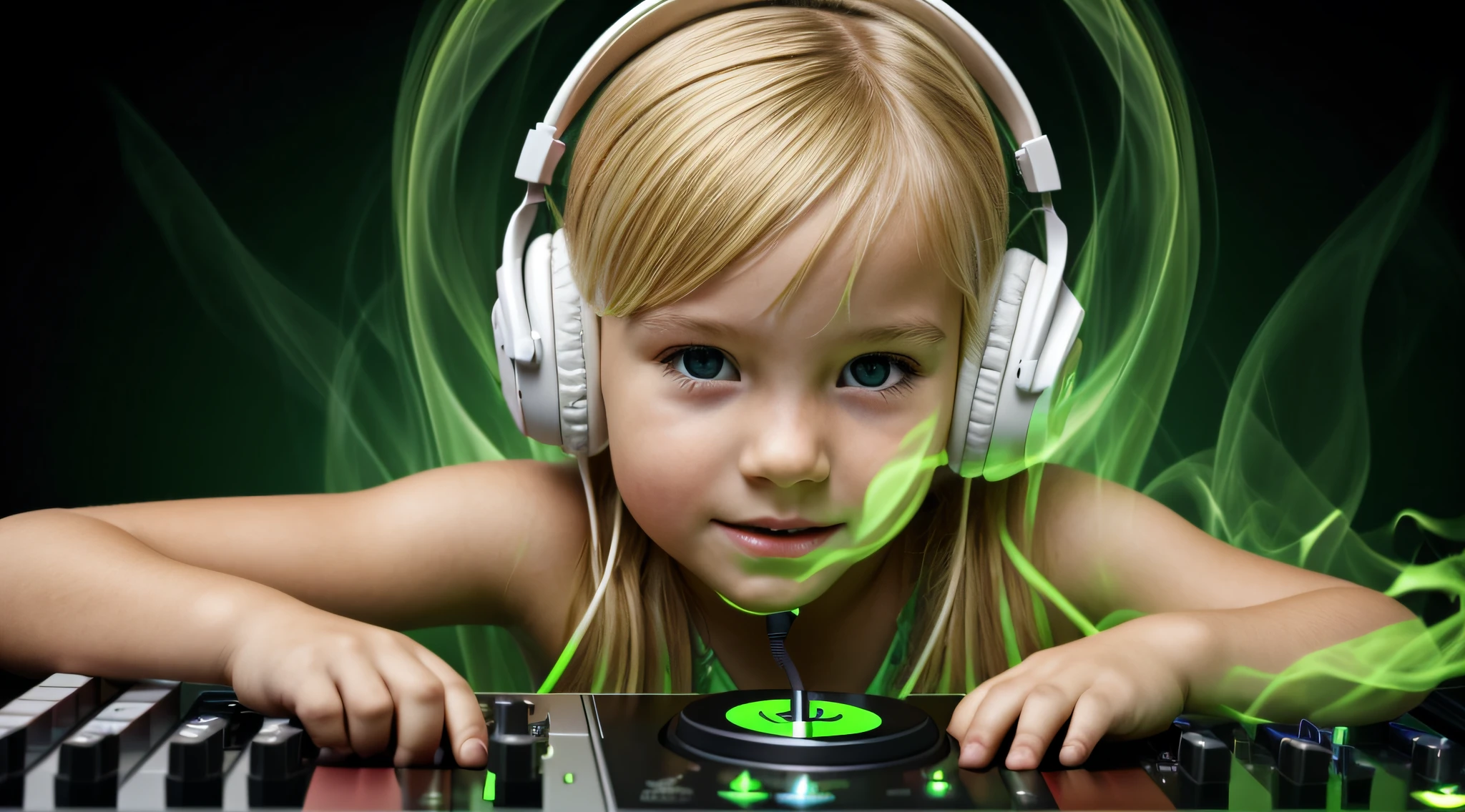 Image of a CHILD BLONDE girl with headphones playing music, Atom and Evil, DJ, fire and GREEN FIRE , FLAMME, BURN , FOGO, GREEN, VERDE.