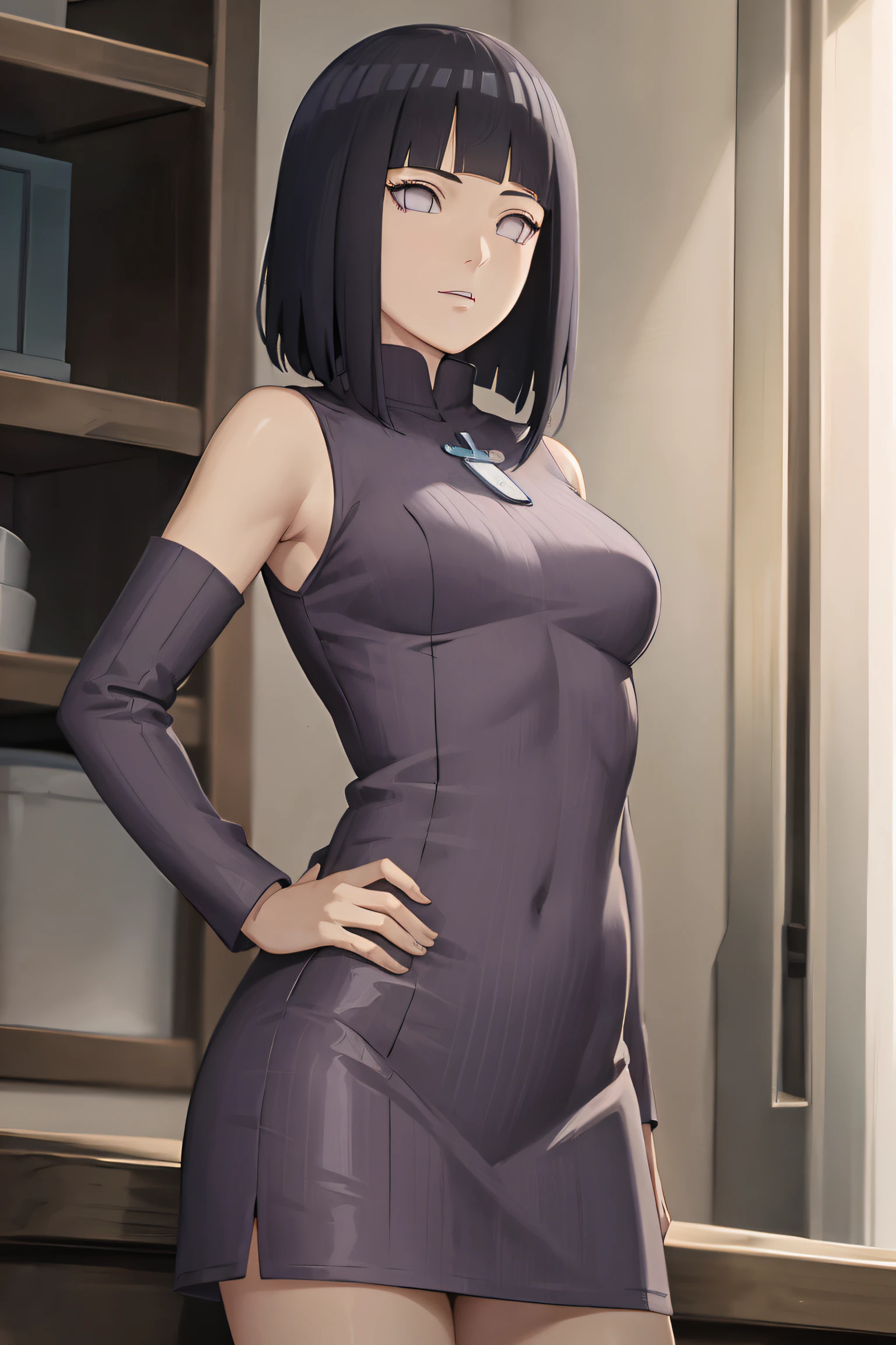 hinata\(boruto\), 1girl, solo,mature female,
BREAK wearing dress, purple dress, ribbed dress, detached sleeves, sleeveless,
BREAK looking at viewer, full body, (cowboy shot:1.5), standing,pose, hand on hip,
BREAK indoors, library,
BREAK (masterpiece:1.2), best quality, high resolution, unity 8k wallpaper,NSFW ,(illustration:0.8), extremely detailed face, perfect lighting, extremely detailed CG, (perfect hands, perfect anatomy),