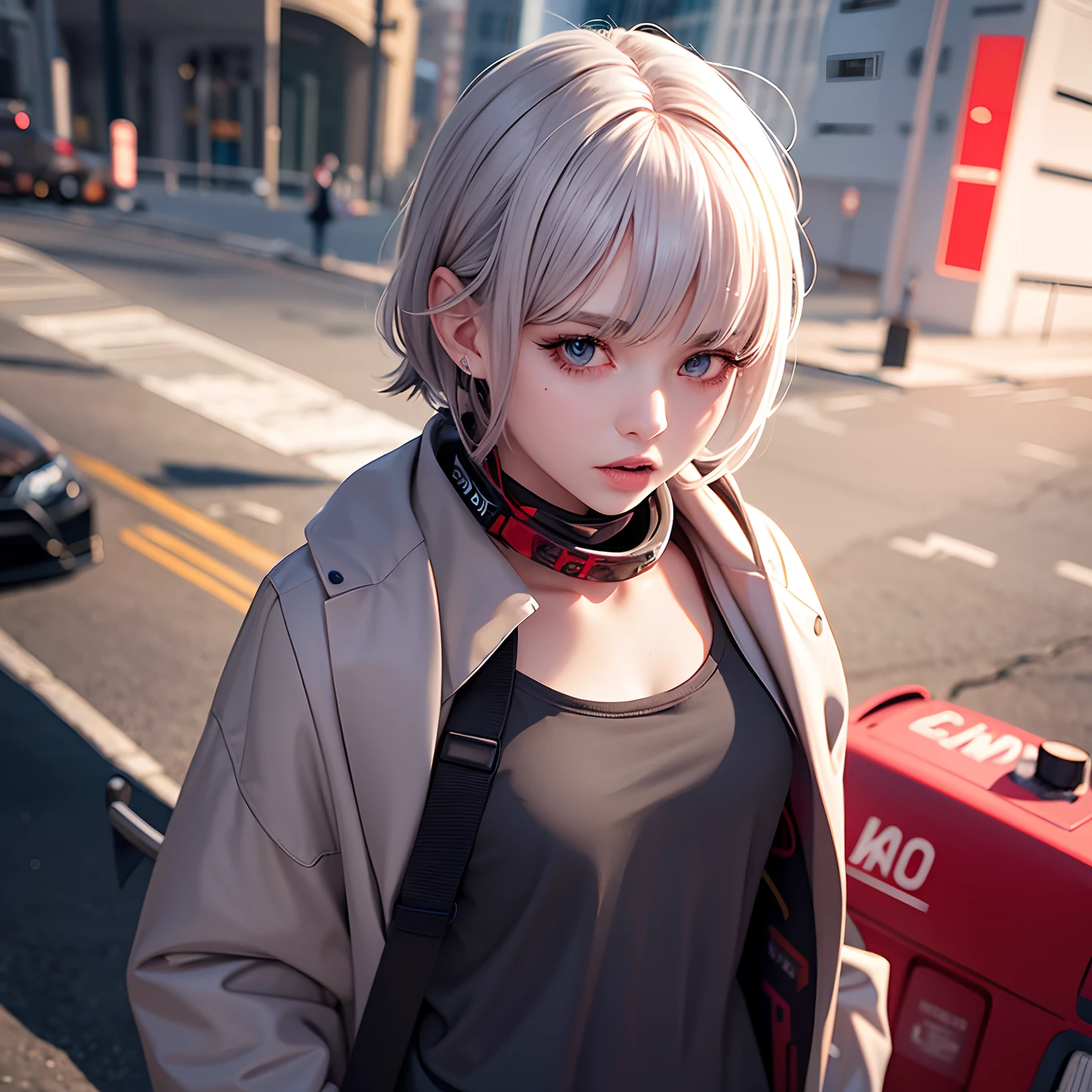 girl with pale skin, Art, artstation, Dark grey hair with iridescent highlights, hair with gasoline streaks, The right eye is white, The left eye is blue, baggy clothes, red scarf around the neck,