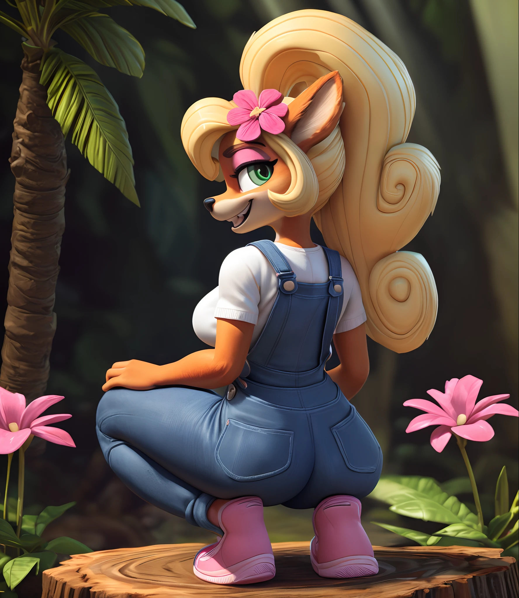 [Coco bandicoot], [Uploaded to e621.net; (Pixelsketcher), (wamudraws)], ((masterpiece)), ((high quality)), ((HD)), ((solo portrait)), ((full body)), ((back view)), ((furry; anthro)), ((detailed fur)), ((detailed shading)), ((beautiful 3D render art)), ((front view)), ((shoes visible)), ((intricate details)), {anthro; orange fur, black nose, (cute green eyes), (pink eyeshadow), (excited smile), (white teeth), blonde curly hair, curly ponytail}, {(white shirt), (small boobs), (blue denim overalls), (tight pants), (pink sneakers), (pink flower on head)}, {(standing), (hands on hips), (looking back)}, [background; (tropical forest), (tree stump), (sun rays), (pink laptop)]nude,naked,nsfw,squatting,anus,