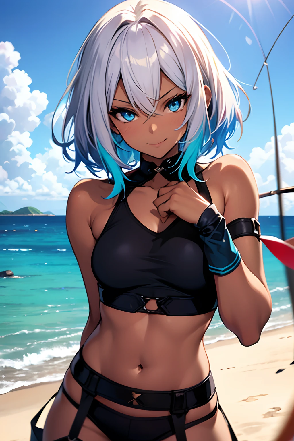 tanned skin, crop top, fishing net, Anime, Realstic, white hair, blue eyes, garter belt, colorful background, cheveux longs, Souriant, Vibrant colors, pose dynamique, Des yeux brillants, Style fantastique.