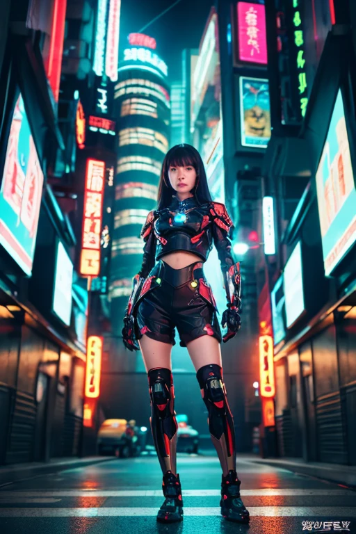 boutique,Best Quality,Gold Jewelry,(Slipping off the foot),Fairy skin,(fidelity :1.2),Standing,super detailed,Realistic,High quality,Movie Light,Ray Tracking,Ultra HD,Upper body, Girl in shorts and jacket standing next to giant robot, Artwork in the style of Gwise, Cyberpunk Mecha, trend in cgstation, guweiz, Russell Dongjun Lu, Digital Cyberpunk Anime Art, ross tran 8 k, guweiz on artstation pixiv, girl in mecha network armor