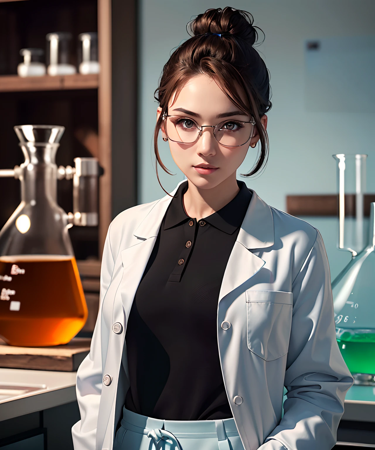 woman in her 20s, (perfect face), defined jawline, (beautiful brown eyes), beautiful lips, (brown hairbun hairstyle), (perfect hands), (light blue polo under white lab coat:1.2), (black pants), (thin round -frame glasses), looking at viewer, (medium shot photograph), (chemistry laboratory background), photorealistic