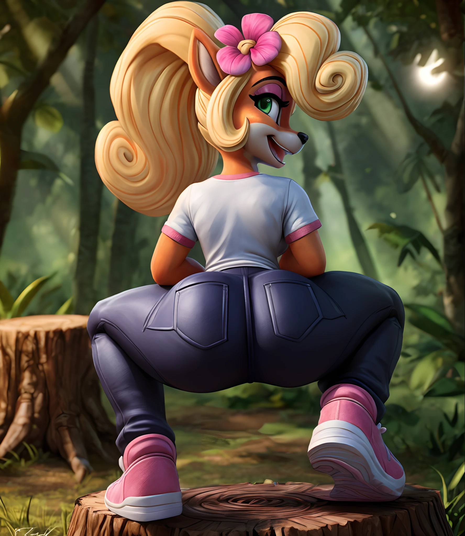 [Coco bandicoot], [Uploaded to e621.net; (Pixelsketcher), (wamudraws)], ((masterpiece)), ((high quality)), ((HD)), ((solo portrait)), ((full body)), ((back view)), ((furry; anthro)), ((detailed fur)), ((detailed shading)), ((beautiful 3D render art)), ((front view)), ((shoes visible)), ((intricate details)), {anthro; orange fur, black nose, (cute green eyes), (pink eyeshadow), (excited smile), (white teeth), blonde curly hair, curly ponytail}, {(white shirt), (small boobs), (tight pants), (pink sneakers), (pink flower on head)}, {(standing), (hands on hips), (looking back)}, [background; (tropical forest), (tree stump), (sun rays), (pink laptop)]nude,naked,nsfw,squatting,anus,