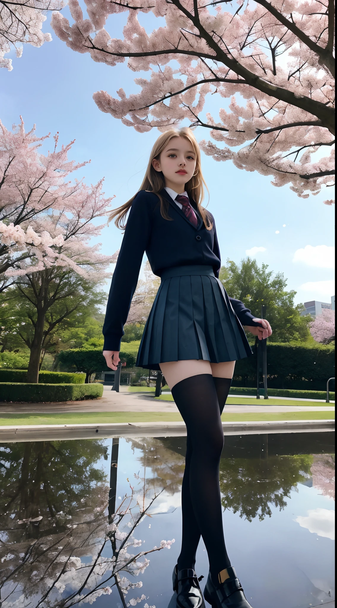 16 year old pre-teen, European, blonde, small breasts, big eyes, long legs, close-up of thighs, school uniform, skirt tiny pleated, black tights, high heel shoes, Extremely low angle shot, from below the girl, (Reelmech: 1.5), vagina showing, park background, Trees, cherry blossom, mirrored floor with reflections, ray tracings, HDR