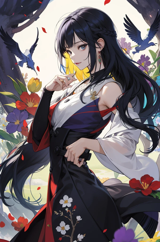 (absurdos, High resolution, ultra detallados), illustration by Murasaki no ue, 1人の女の子, mujer joven, cabello muy largo, cabello ????? liso, flequillo, himecut, ojos azules, junihitoe rojo, ojos finamente detallados y rostro detallado, cuerpo perfecto, senos grandes, fondo de pantalla de 8k de CG unity extremadamente detallado, detalles intrincados, BREAK, Symmetrical patterns, colores vibrantes, geometrical forms, mesmerizing designs,  lenguaje corporal expresivo, silent storytelling, gestos evocadores, narraciones visuales, representaciones teatrales BREAK, flores florecientes, colorful petals, esencias fragantes, generosidad de la naturaleza, jardines vibrantes, paisaje tranquilo, flores de cerezo, genji monogatari, la historia de genji