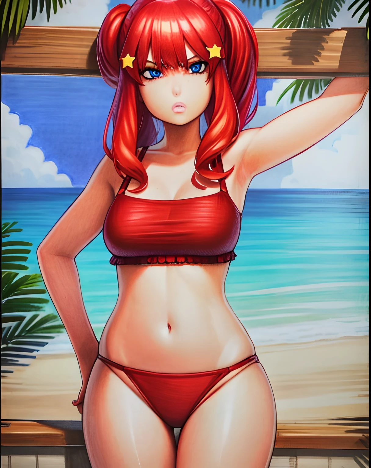 masterpiece, best quality,(best shadow),1girl,looking at viewer,expressive eyes, marker \(medium\), traditional media  red hair, blue eyes, star hair ornament, red bikini, beach