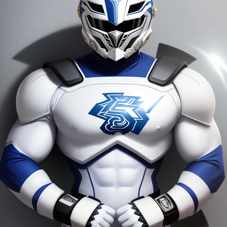 Power Ranger de uniforme branco, de armadura dourada e capacete com design de tigre, The colors of the uniform are white, com detalhes dourados