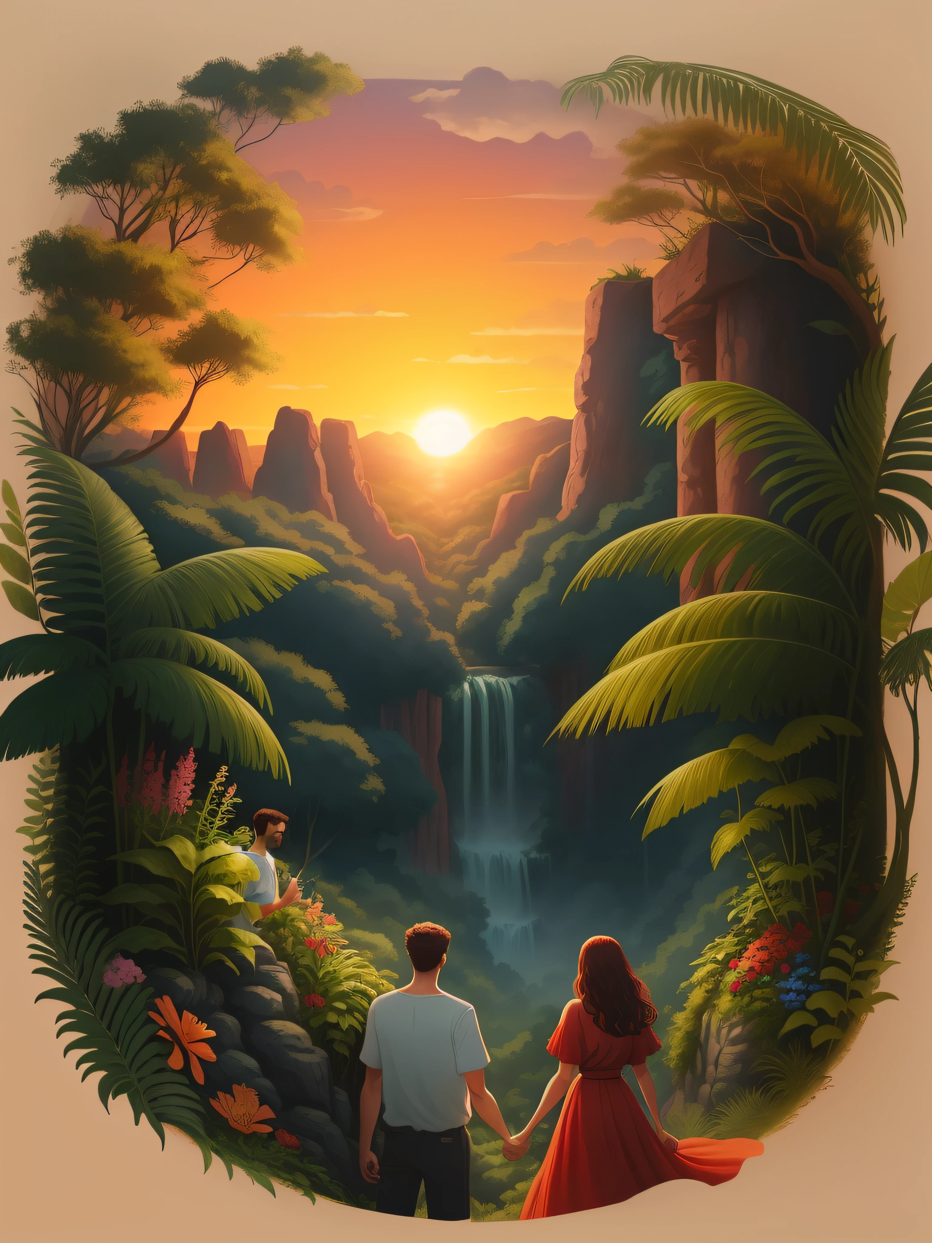 prehistoric forest jungle with flowers and plants, with a couple looking out, man and woman holding hands, same height, woman in long red dress, man in olive shorts and white shirt, sunset landscape, birds in sky, flowers, small waterfall, T-shirt design, vector art,