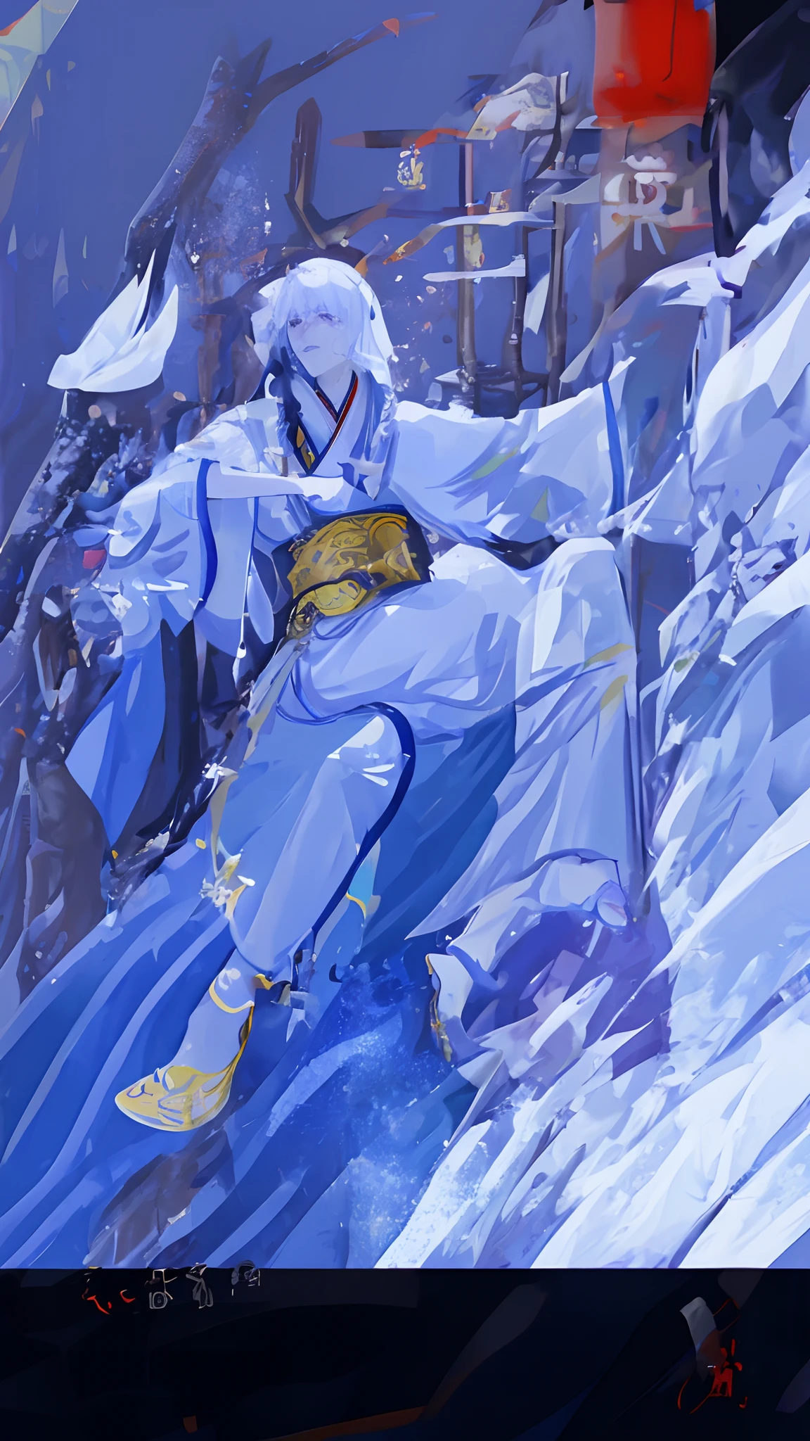 Ancient Chinese handsome guy sitting on stone, wearing ancient Chinese clothing, flowing tulle, light silk, lazy pose, large lotus leaves, lotus flowers, ink painting style, clean colors, decisive cutting, white space, freehand, masterpiece, super detailed, epic composition, high quality, highest quality, 4k --v 6