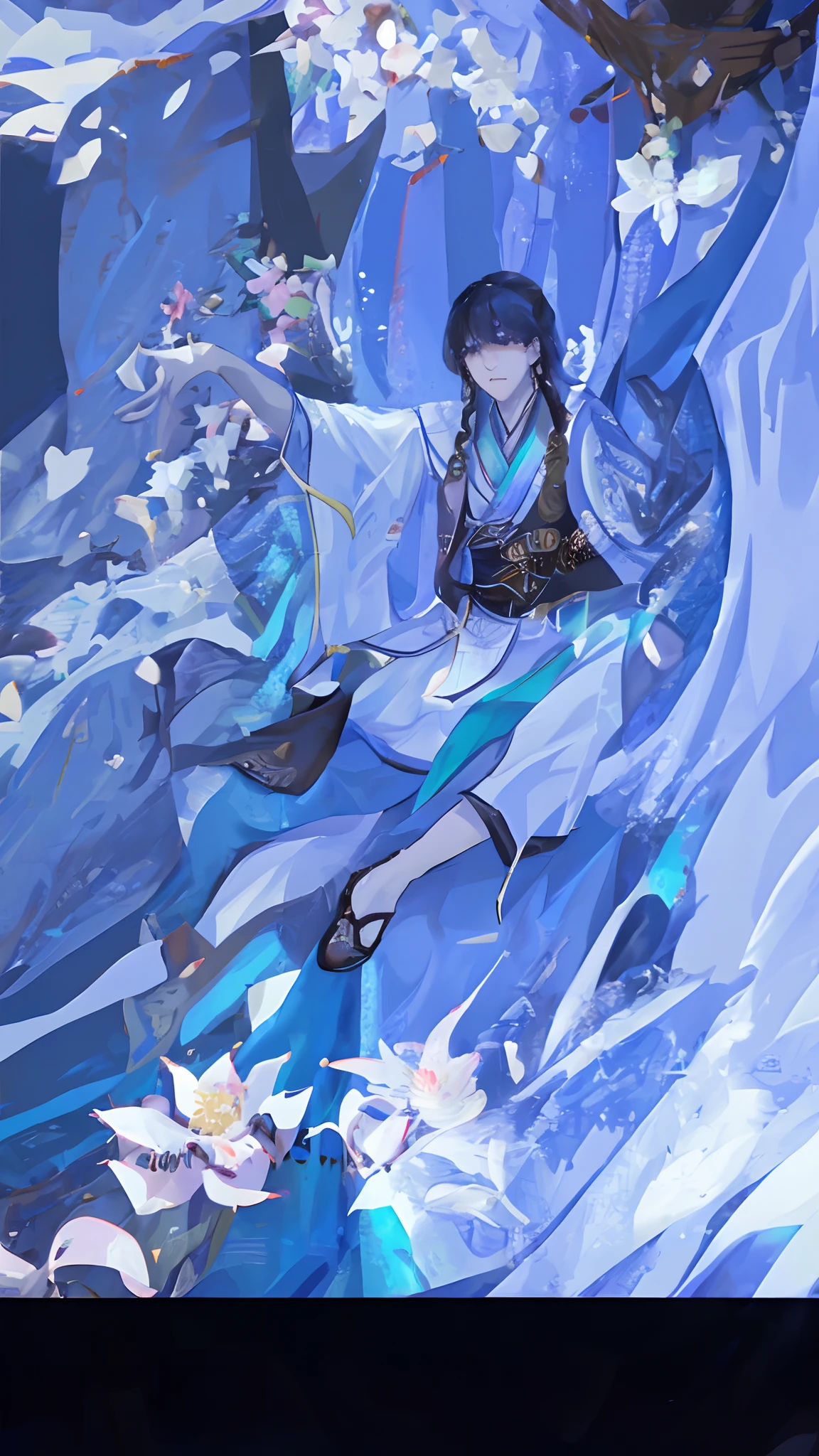 Ancient Chinese handsome guy sitting on stone, wearing ancient Chinese clothing, flowing tulle, light silk, lazy pose, large lotus leaves, lotus flowers, ink painting style, clean colors, decisive cutting, white space, freehand, masterpiece, super detailed, epic composition, high quality, highest quality, 4k --v 6