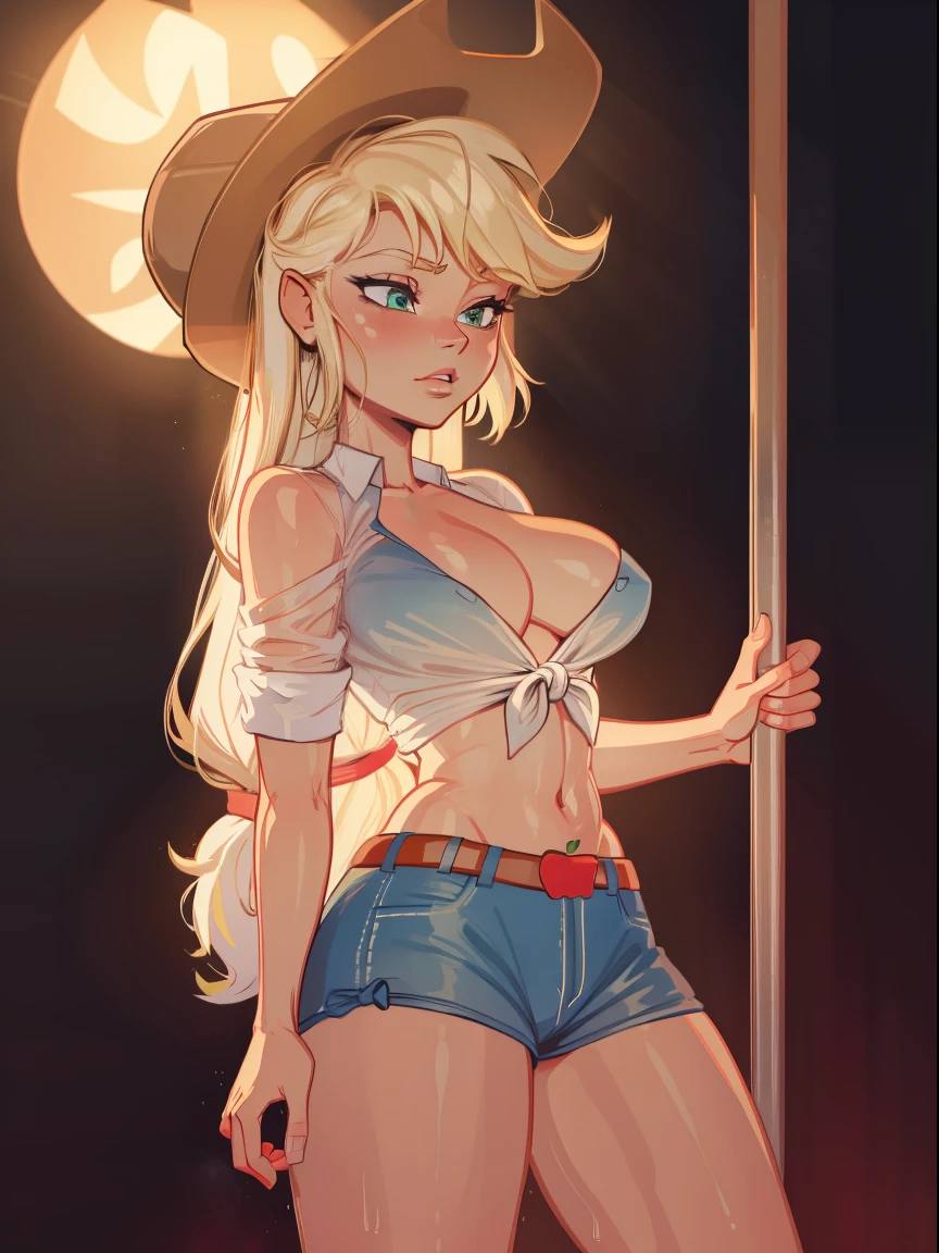 Applejack as a stripper, strip club background, low-tied long hair, tied shirt, cowboy hat, belt, sexy, revealing outfit, stripper pole, detailed