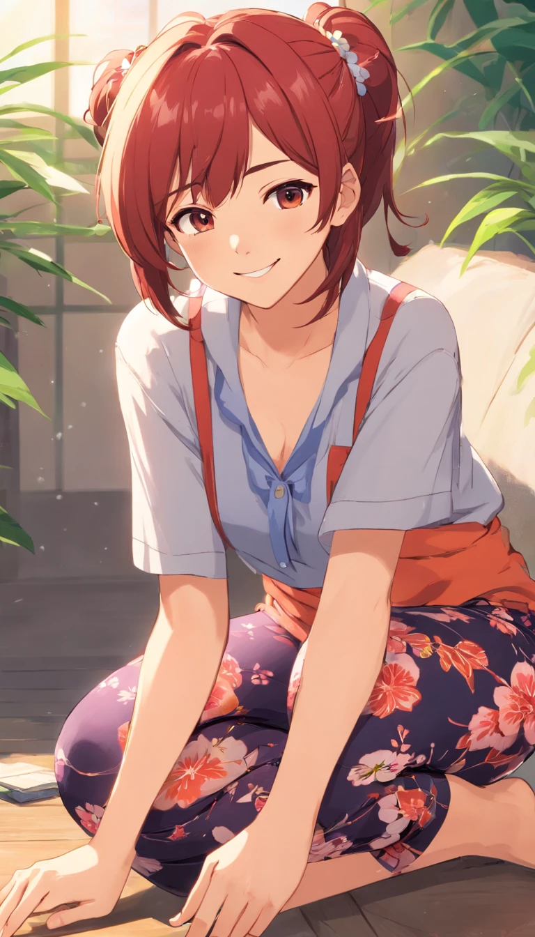 best quality, ((masterpiece)), highly detailed, milf, smile, floral pants, bracelts, necklaces, jewelry, twin_ponytails, sitting, monocle, red hair