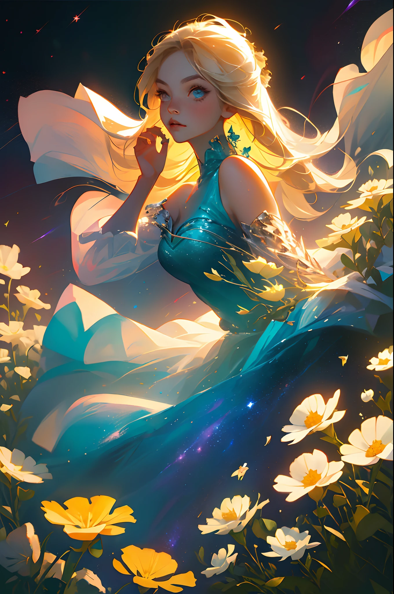 (best quality, masterpiece), 1girl, pose, particle, wind, flower, upper body, simple background, looking at viewer, blonde, galaxy,
