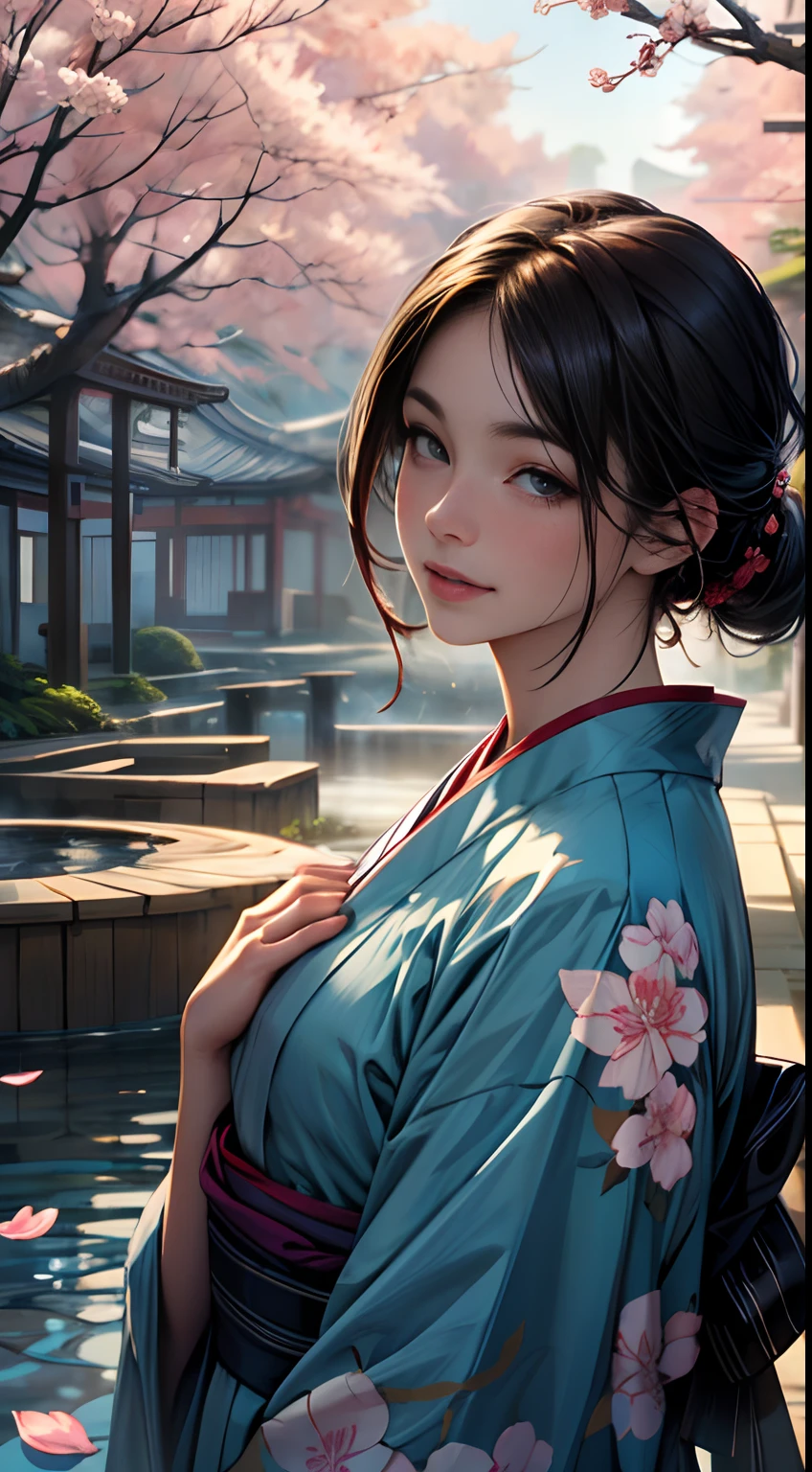 (best quality,ultra-detailed,highres,masterpiece:1.2),vivid colors,realistic,professional,portrait,landscape,beautiful woman,relaxing in a hot spring,serene atmosphere,tranquil scenery,gentle steam rising,crystal clear water,natural elements,lush greenery,floating sakura petals,soft sunlight filtering through the trees,subtle shadows,detailed facial features,sparkling eyes,luscious lips,flowing hair in the wind,elegant pose,peaceful expression,silky kimono,traditional Japanese aesthetic,charming smile,warmth radiating from the hot spring,serenity,Japanese woodblock print style,elegant simplicity,subtle color palette,harmonious composition,artistic brush strokes,impressionistic details,peaceful and romantic ambiance