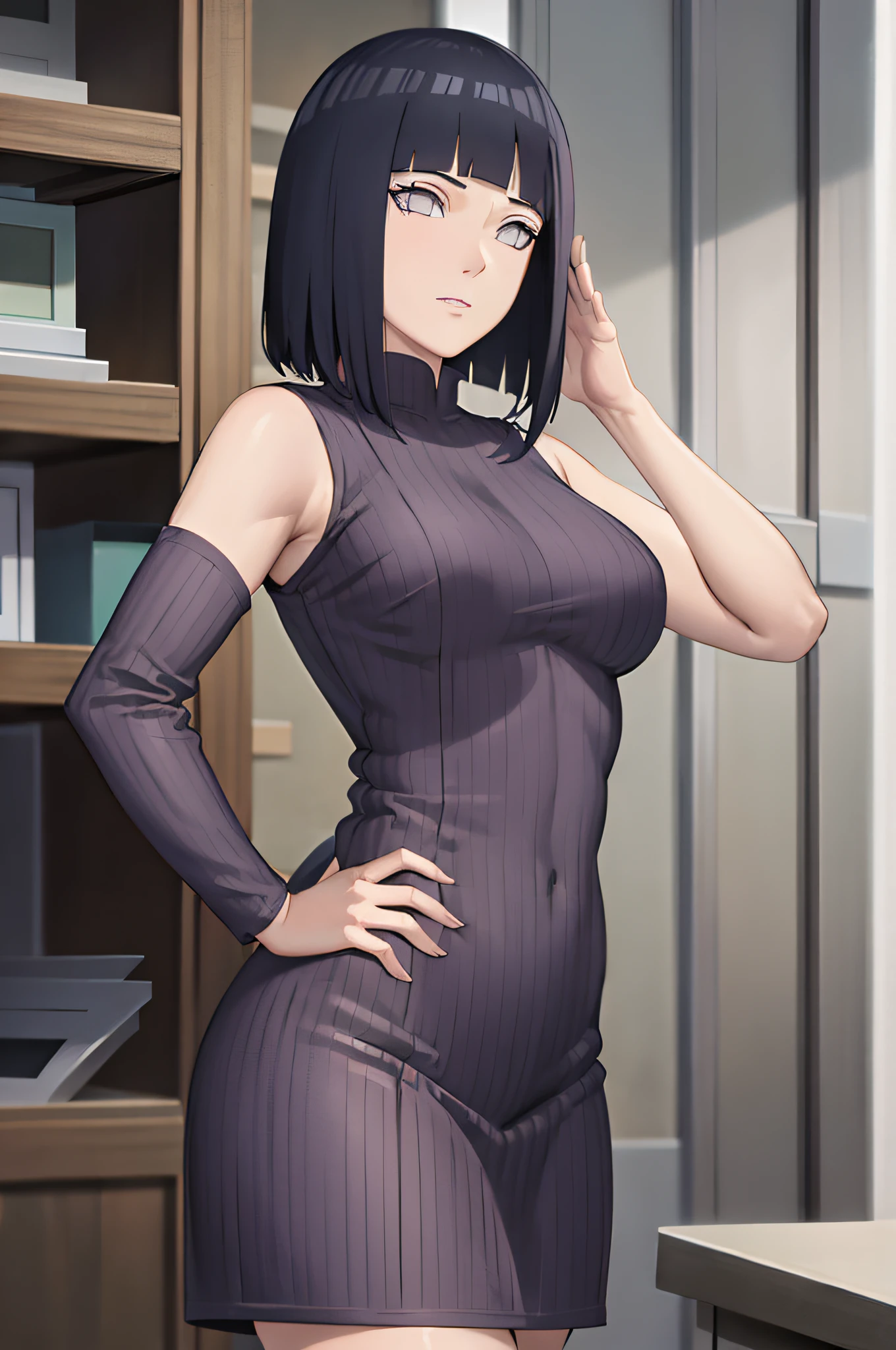 hinata\(boruto\), 1girl, solo,mature female,
BREAK wearing sexy tight dress, purple dress, ribbed dress,sleeveless,
BREAK looking at viewer, full body, (cowboy shot:1.5), standing,pose, hand on hip,
BREAK indoors, library,
BREAK (masterpiece:1.2), best quality, high resolution, unity 8k wallpaper,NSFW ,(illustration:0.8), extremely detailed face, perfect lighting, extremely detailed CG, (perfect hands, perfect anatomy),