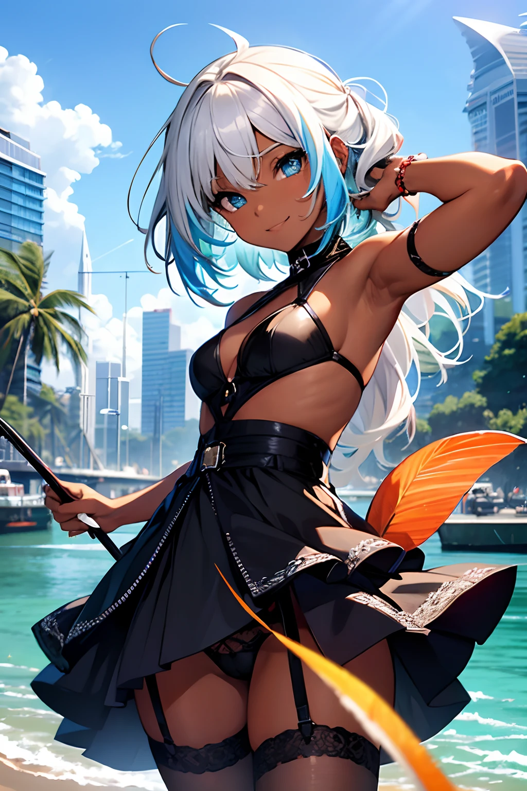 tanned skin, black dress, stand, pose, fishing net, Realstic,  white hair, blue eyes, garter belt, colorful background, cheveux longs, Souriant, Vibrant colors, pose dynamique, Des yeux brillants, Style fantastique.