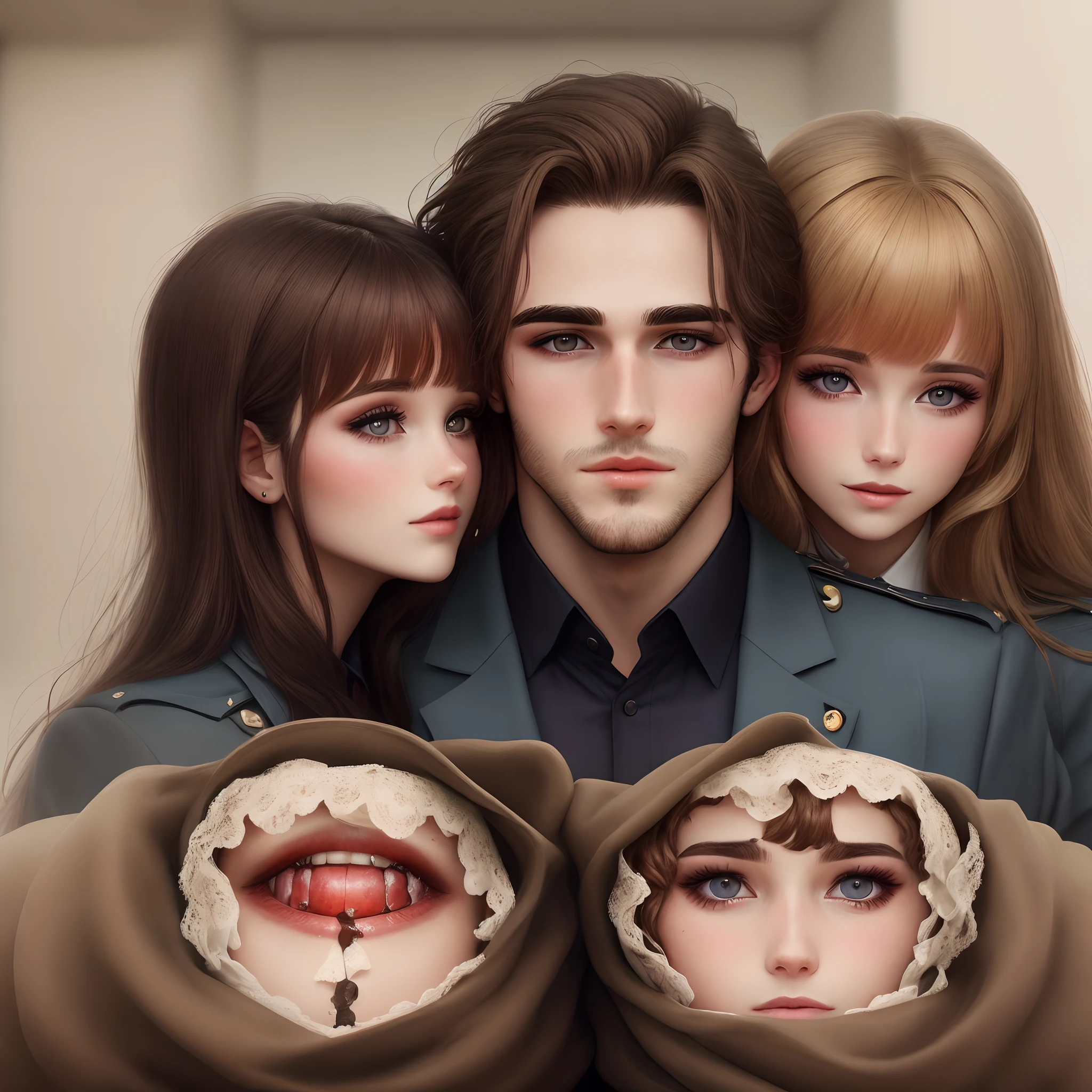 Une femme brune entre deux hommes brun en costard qui l'a regarde avec passion. We see the war behind them