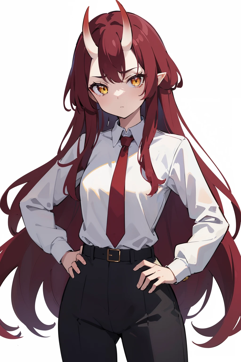 masterpiece, best quality, 4k, 1girl, solo, looking at viewer, red hair, scarlet dark red hair, long hair, forehead, yellow eyes, small breasts, oni girl, oni horns, serious, neutral, black jacket, white shirt, button shirt, standing, hands on hips, white background, simple background, transparent background